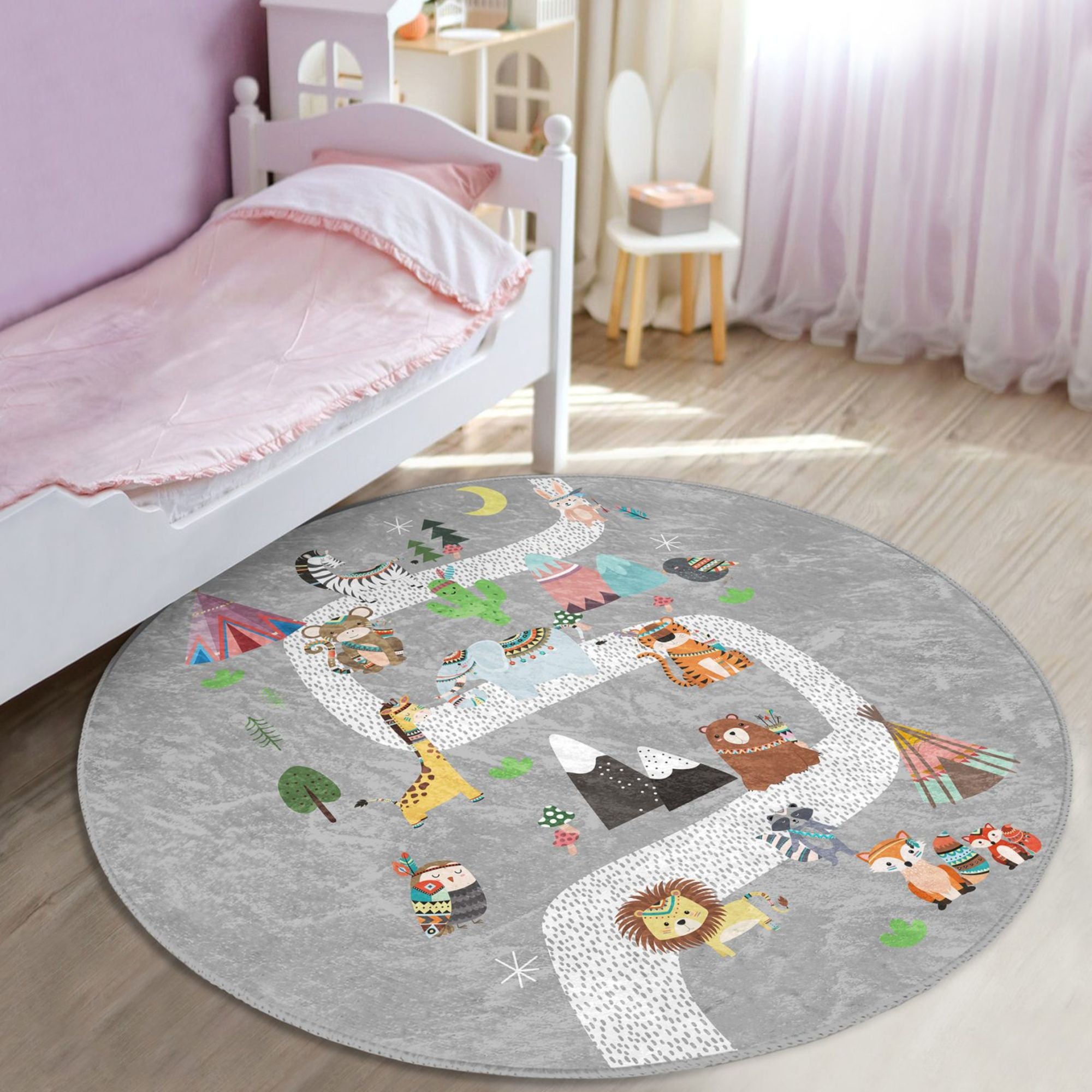 Cute Animals Printed Nursery Room Rug featuring vibrant animal designs on soft velvet fabric, perfect for children's play areas.