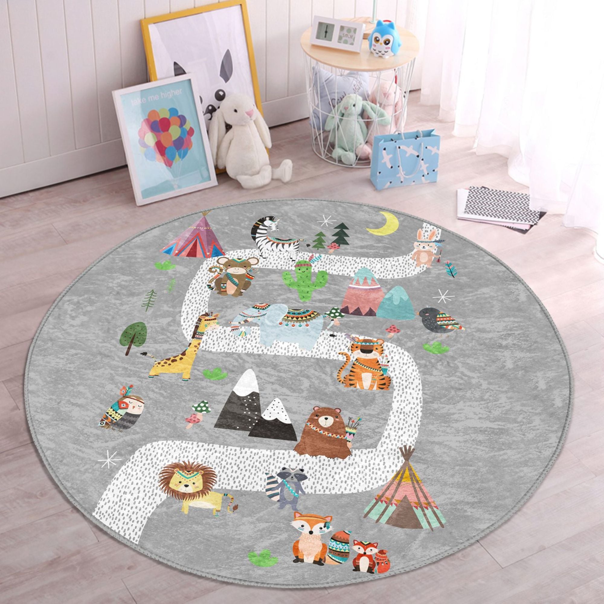 Cute Animals Printed Nursery Room Rug featuring vibrant animal designs on soft velvet fabric, perfect for children's play areas.