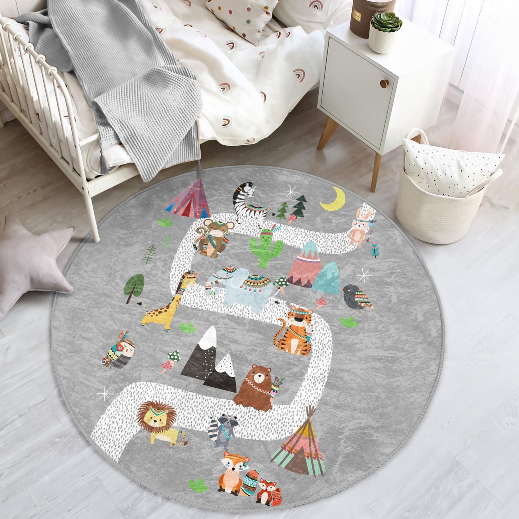 Cute Animals Printed Nursery Room Rug featuring vibrant animal designs on soft velvet fabric, perfect for children's play areas.