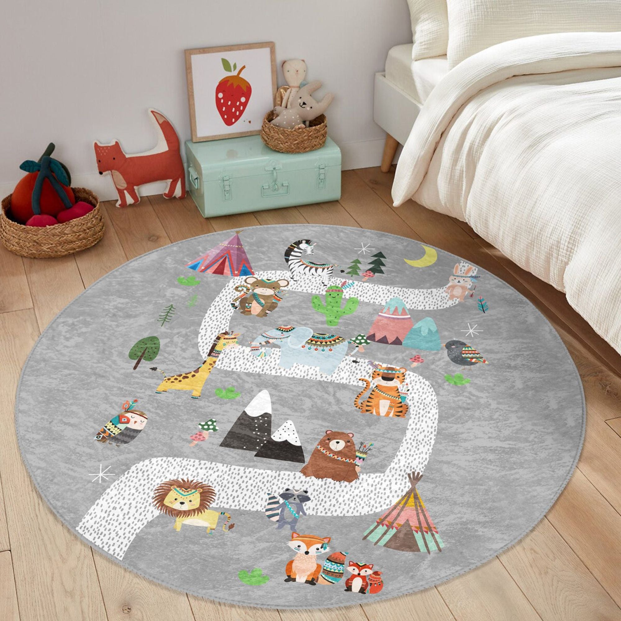 Cute Animals Printed Nursery Room Rug featuring vibrant animal designs on soft velvet fabric, perfect for children's play areas.