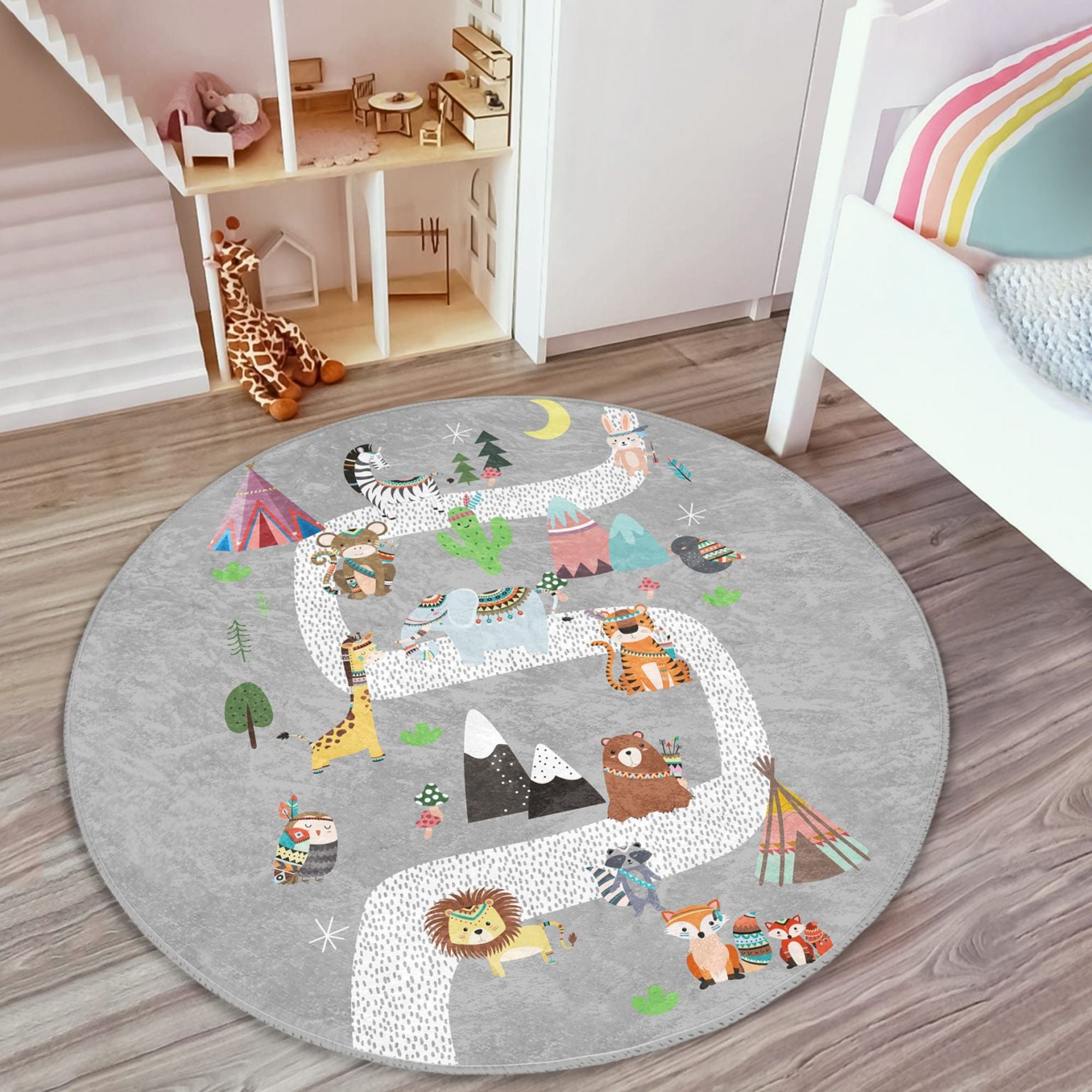 Cute Animals Printed Nursery Room Rug featuring vibrant animal designs on soft velvet fabric, perfect for children's play areas.