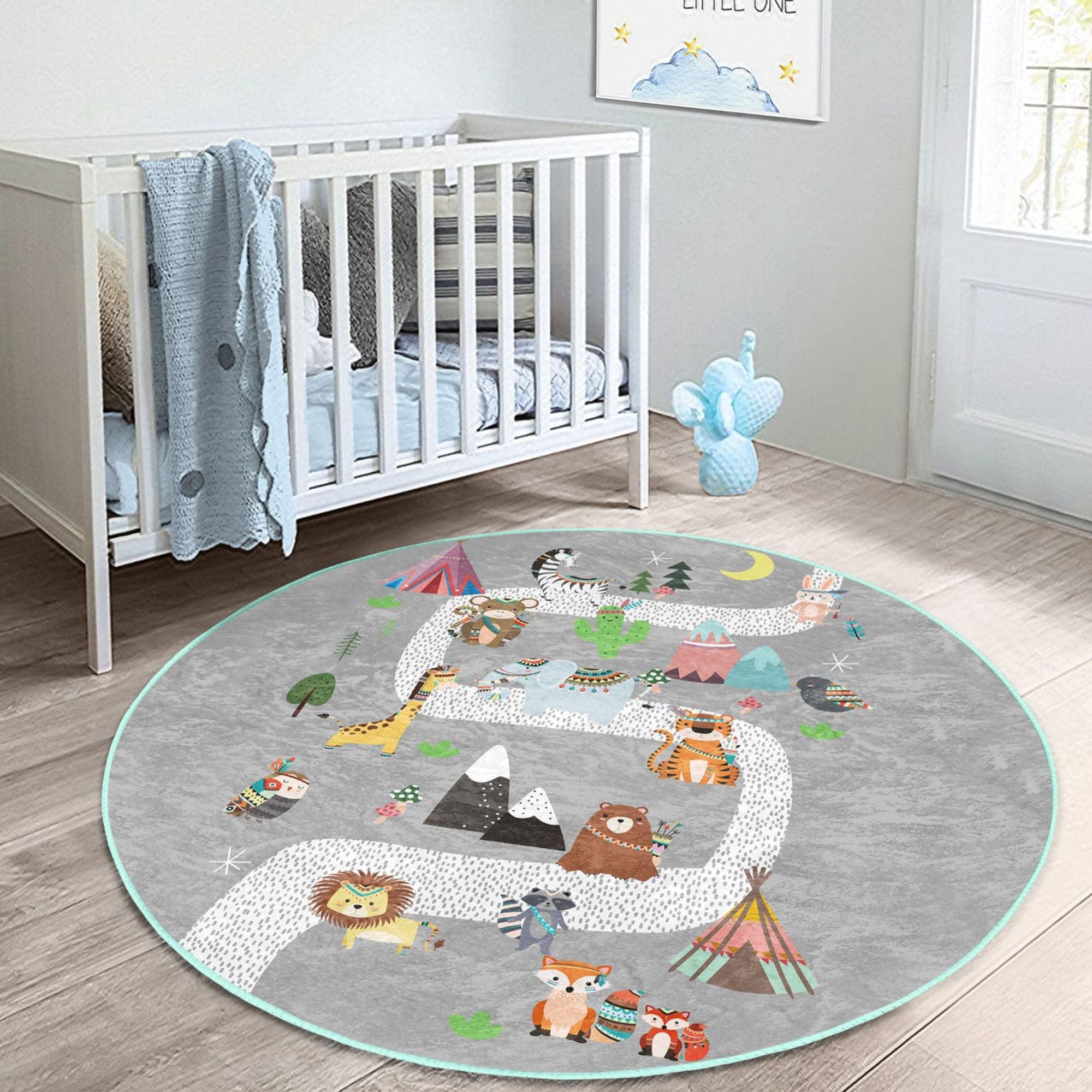 Cute Animals Printed Nursery Room Rug featuring vibrant animal designs on soft velvet fabric, perfect for children's play areas.