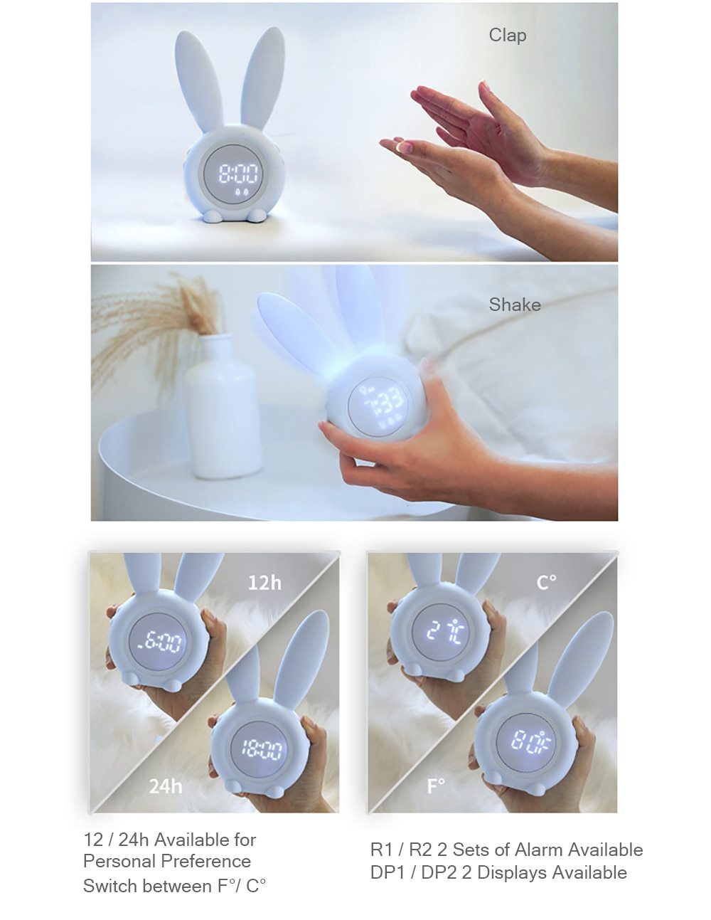 Cute Bunny Ear LED Digital Alarm Clock with USB sound control and LED display, perfect for home decoration.