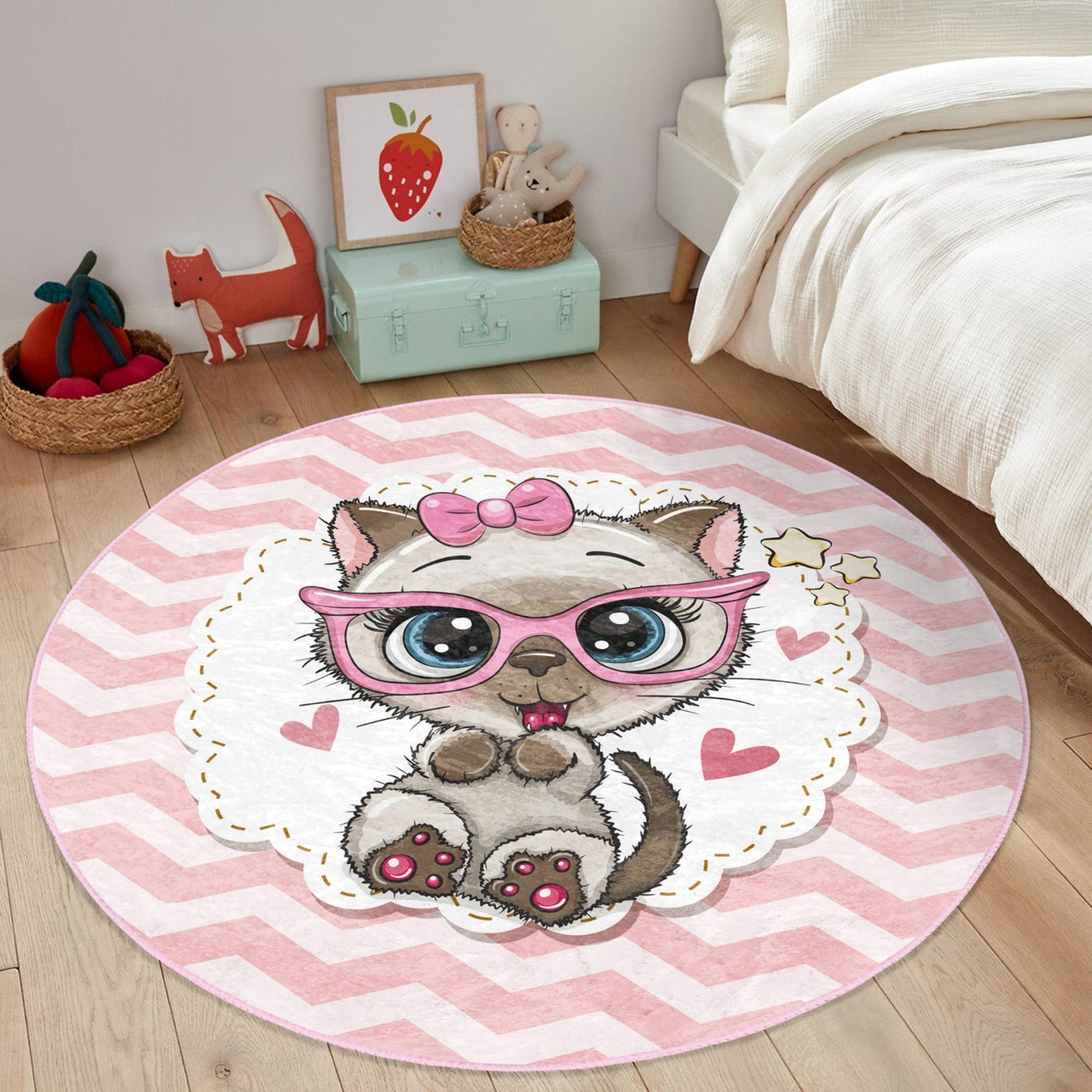 Cute Cat Pattern Pink Round Rug designed for girls' rooms, featuring a soft texture and playful cat design.