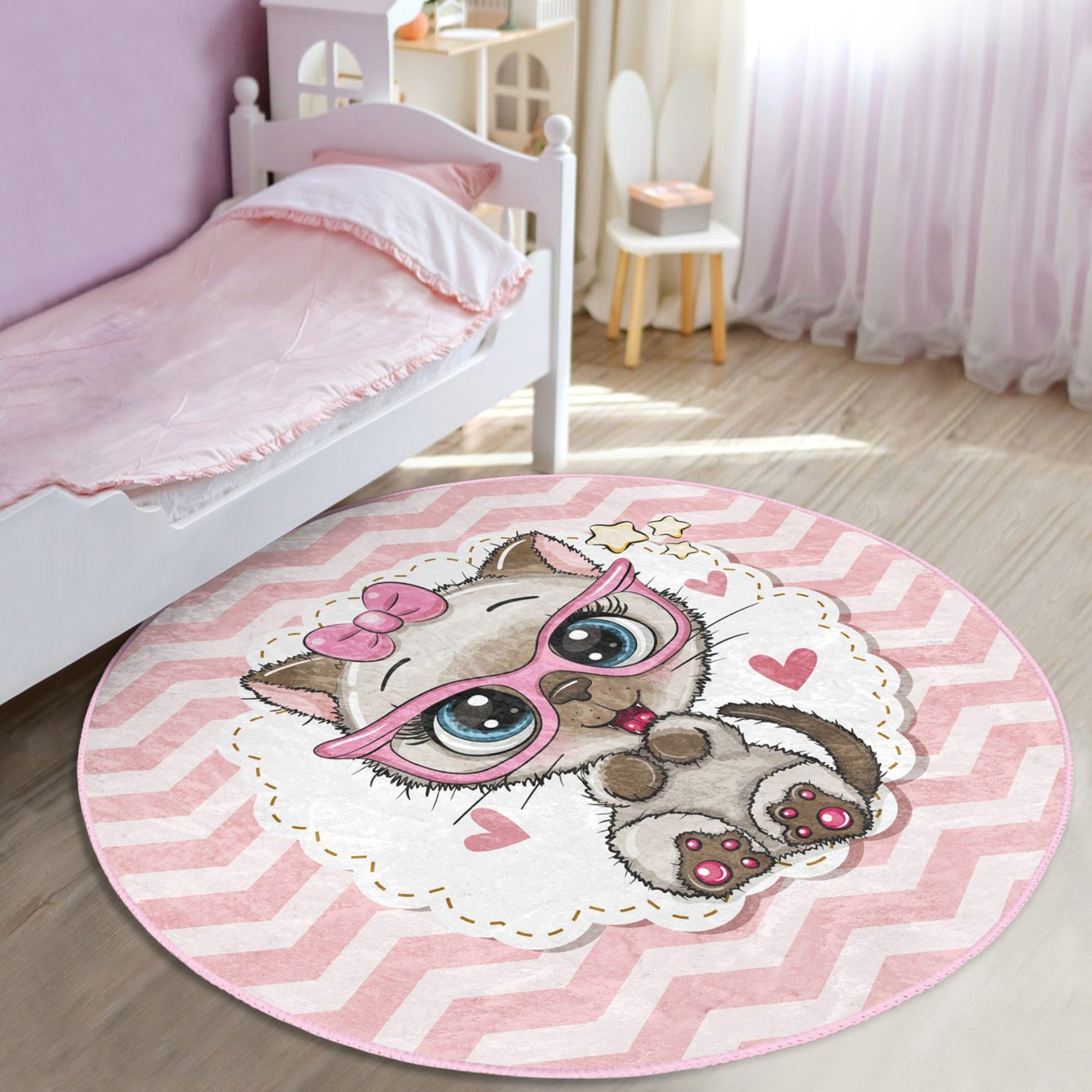 Cute Cat Pattern Pink Round Rug designed for girls' rooms, featuring a soft texture and playful cat design.