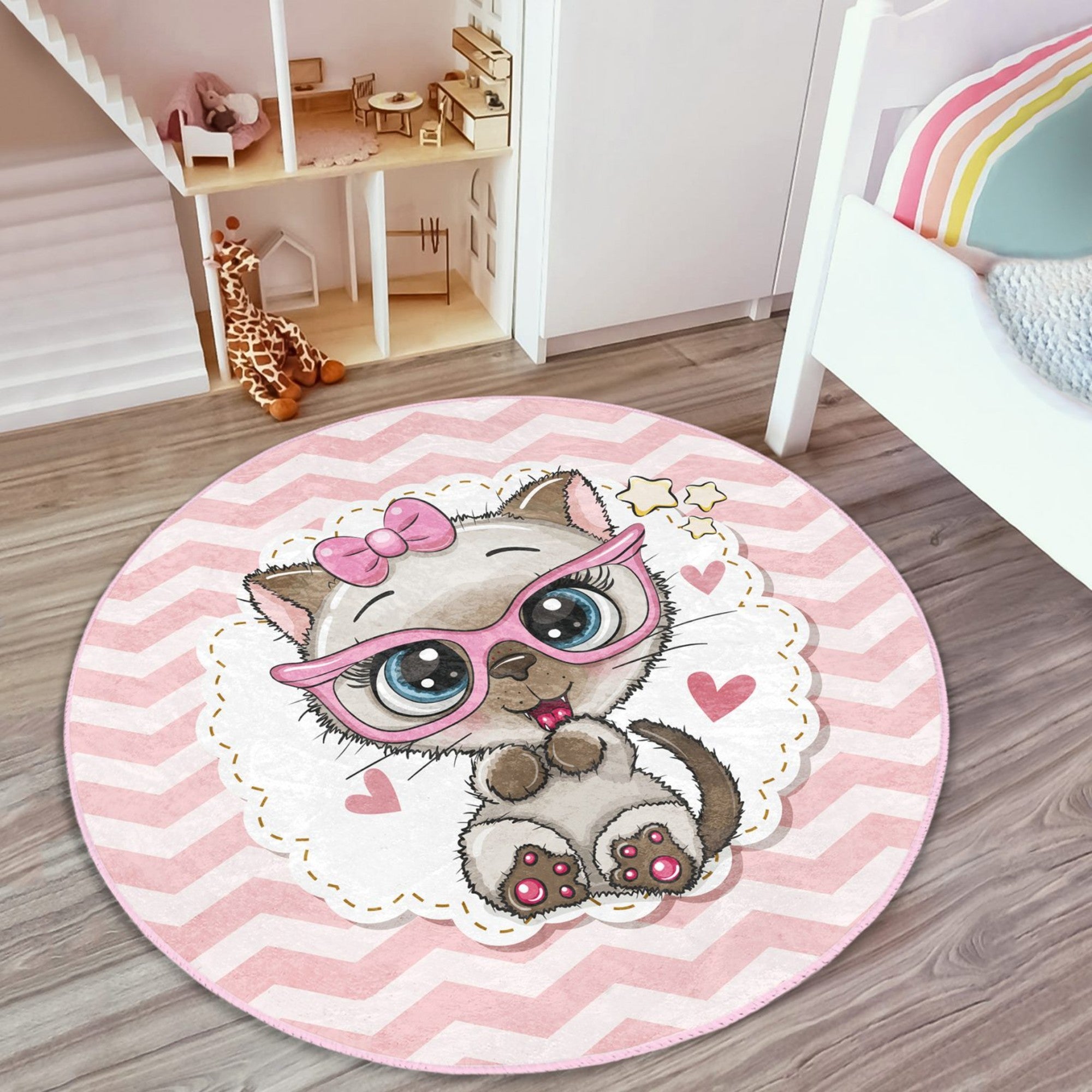 Cute Cat Pattern Pink Round Rug designed for girls' rooms, featuring a soft texture and playful cat design.