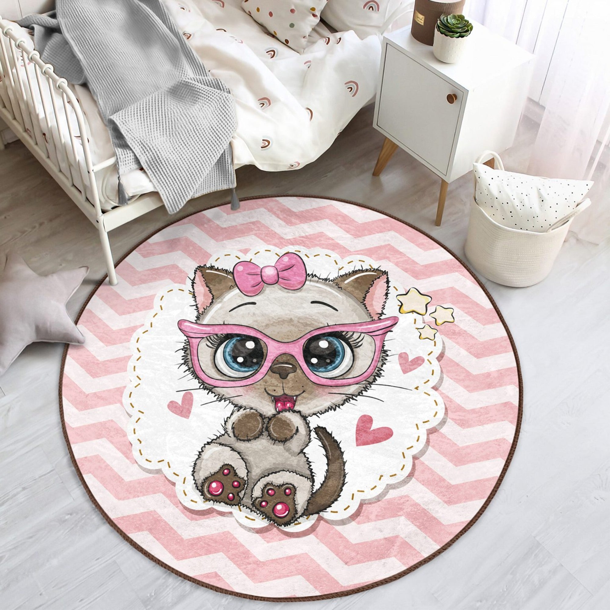 Cute Cat Pattern Pink Round Rug designed for girls' rooms, featuring a soft texture and playful cat design.