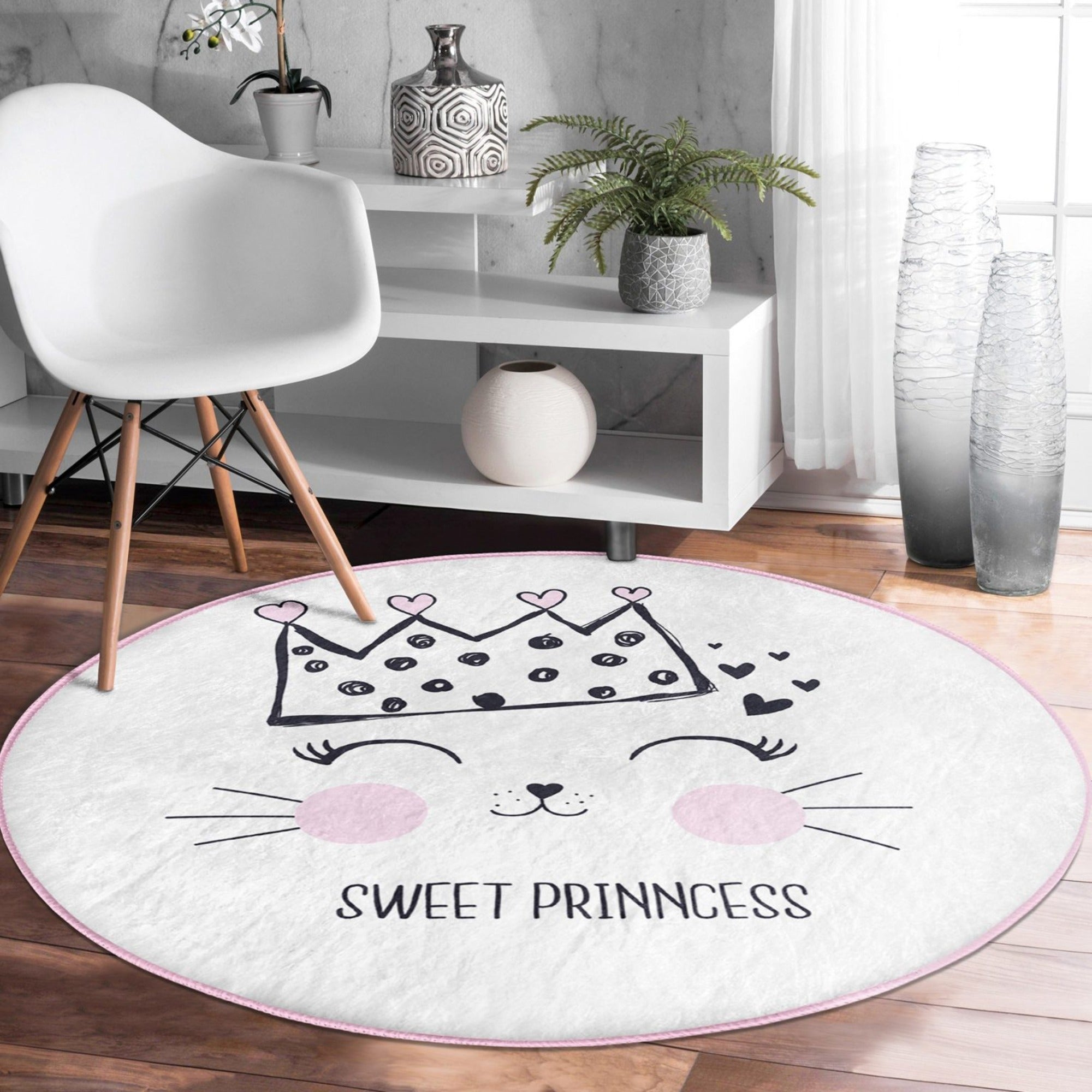 Cute Cat Princess Patterned Round Rug for Kids Room, featuring vibrant colors and a soft velvet texture, perfect for play areas.