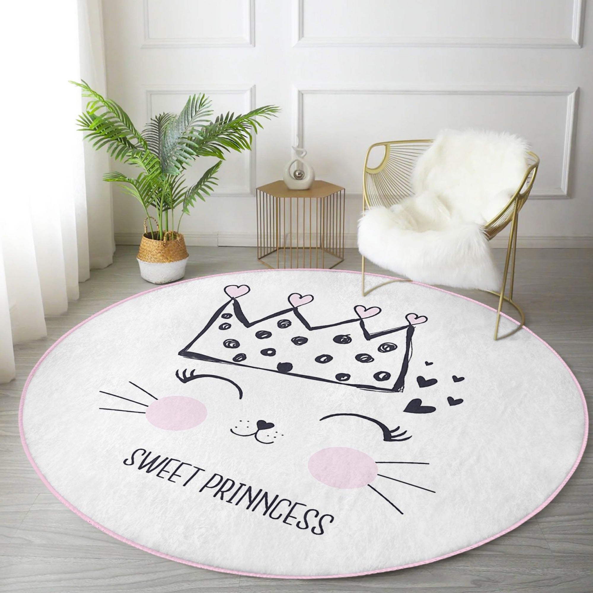 Cute Cat Princess Patterned Round Rug for Kids Room, featuring vibrant colors and a soft velvet texture, perfect for play areas.