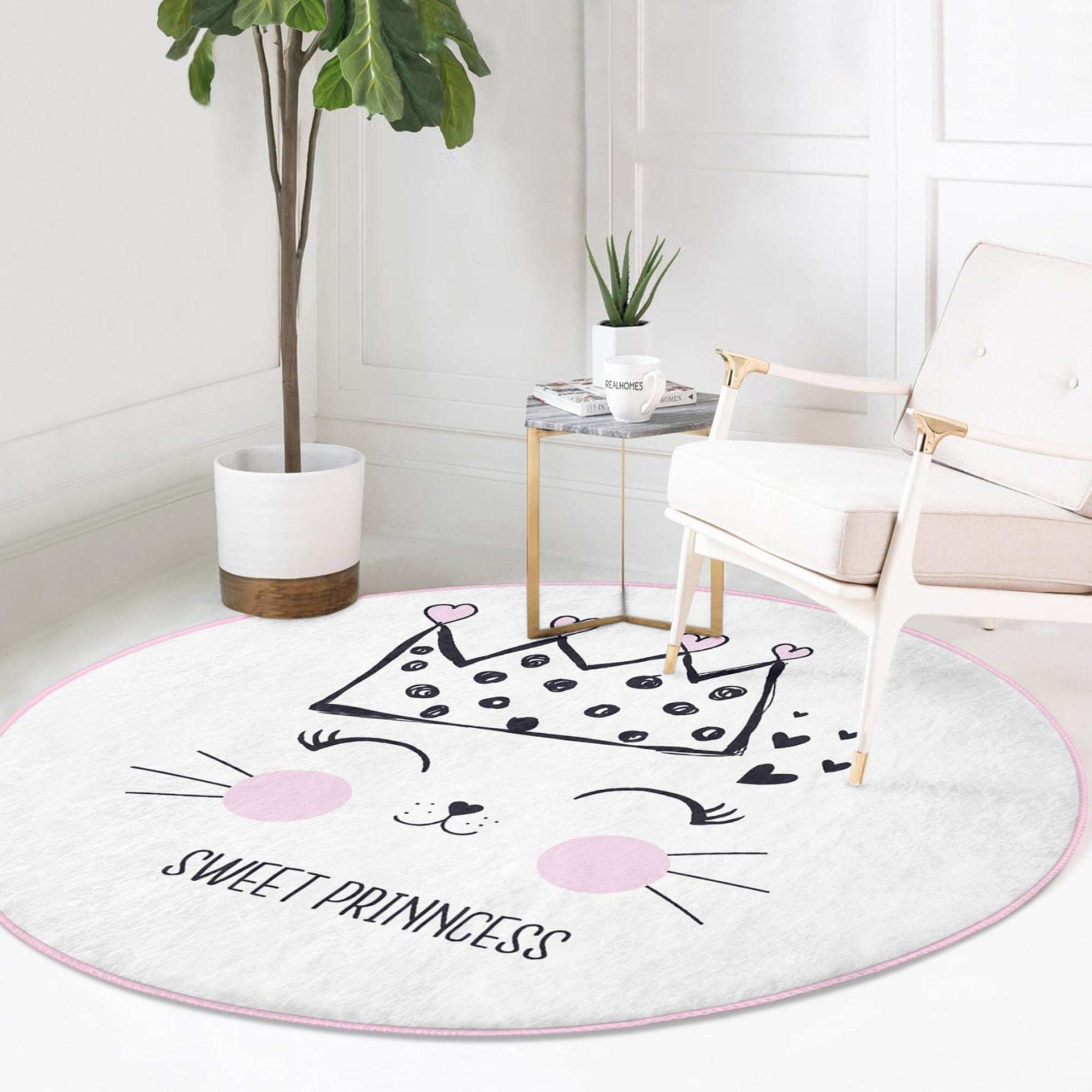 Cute Cat Princess Patterned Round Rug for Kids Room, featuring vibrant colors and a soft velvet texture, perfect for play areas.