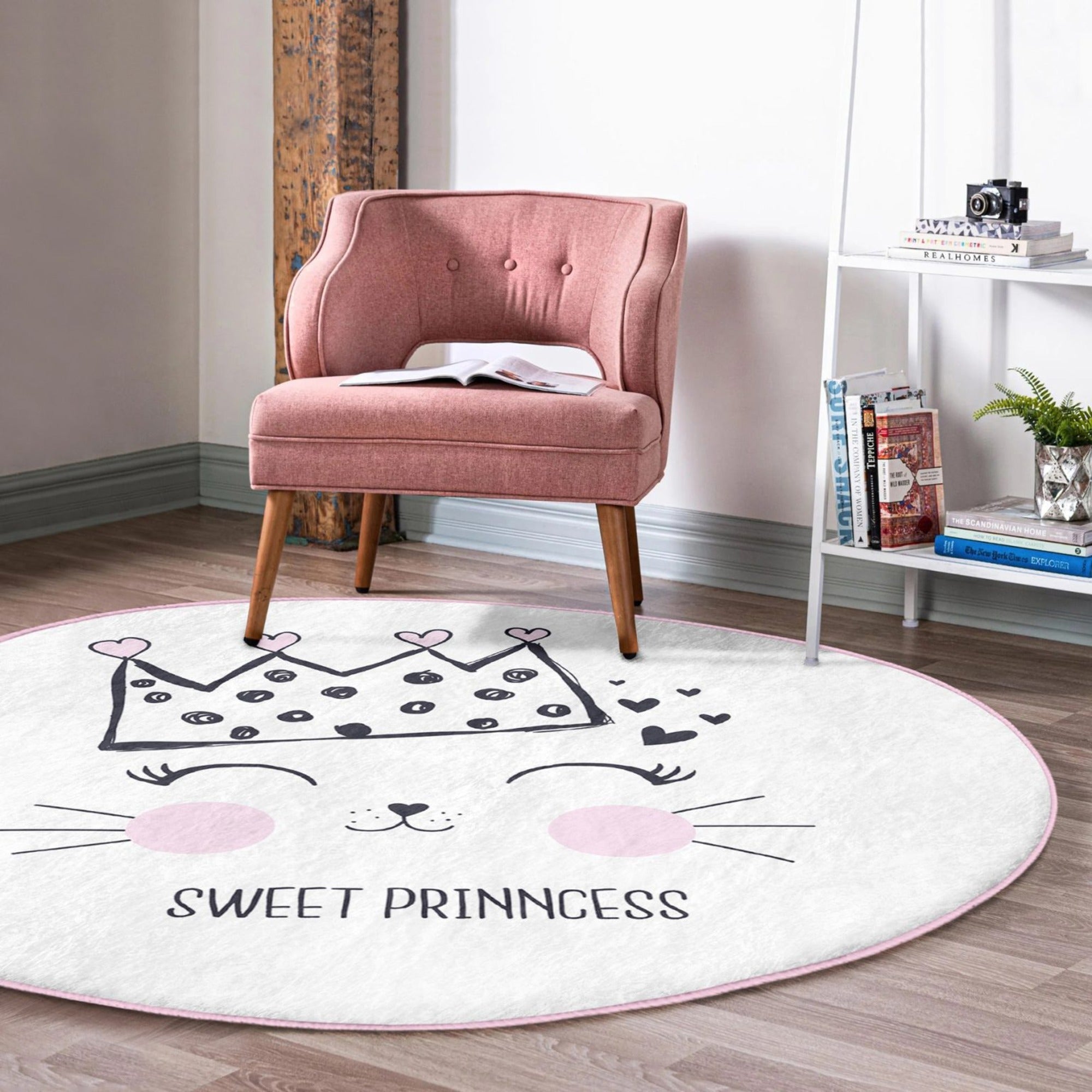 Cute Cat Princess Patterned Round Rug for Kids Room, featuring vibrant colors and a soft velvet texture, perfect for play areas.