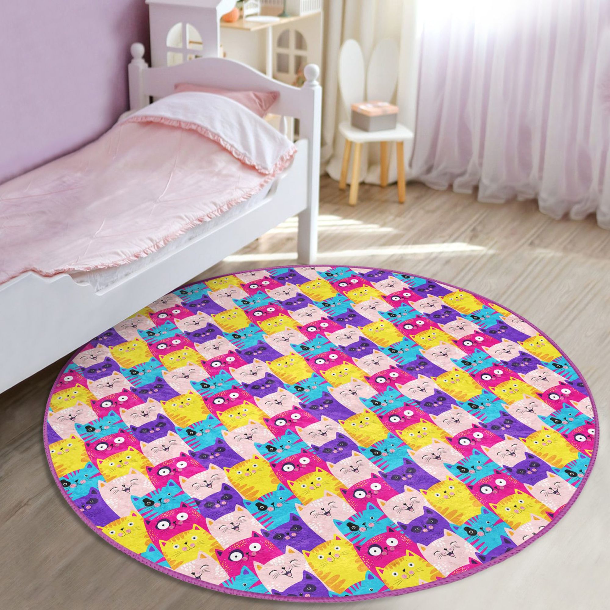 Cute Cats Print Baby Room Rug featuring vibrant cat designs on soft velvet fabric, perfect for children's rooms.