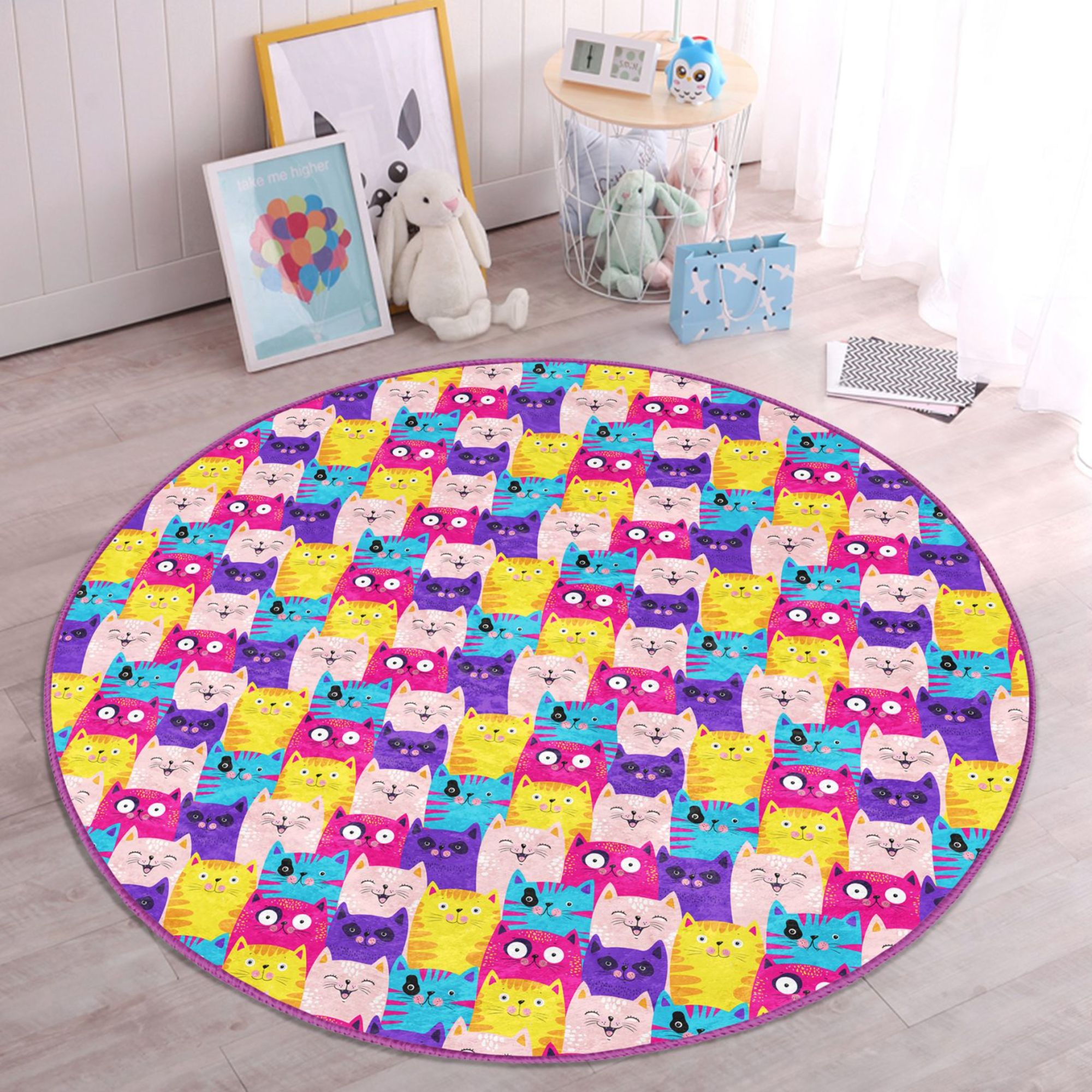 Cute Cats Print Baby Room Rug featuring vibrant cat designs on soft velvet fabric, perfect for children's rooms.