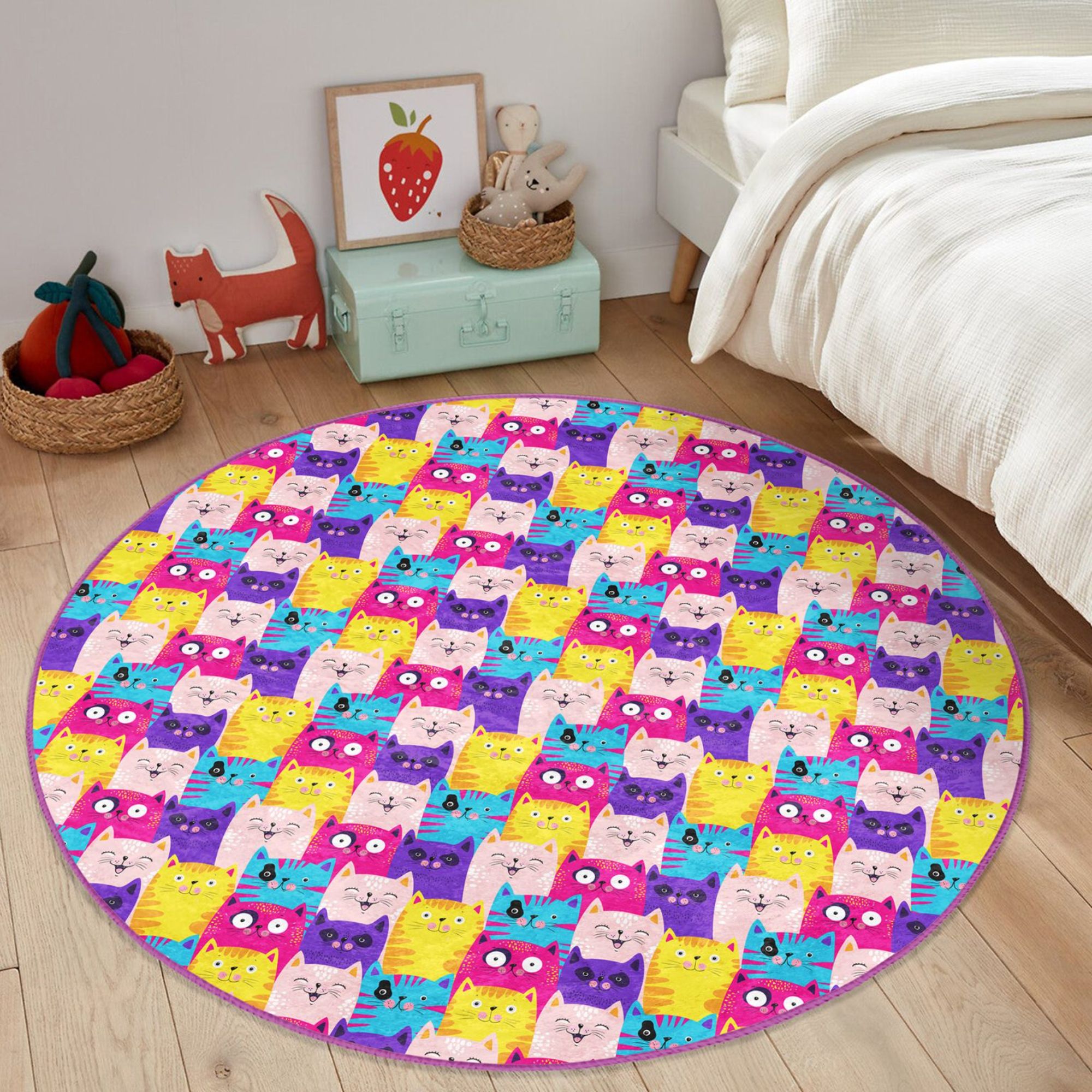 Cute Cats Print Baby Room Rug featuring vibrant cat designs on soft velvet fabric, perfect for children's rooms.