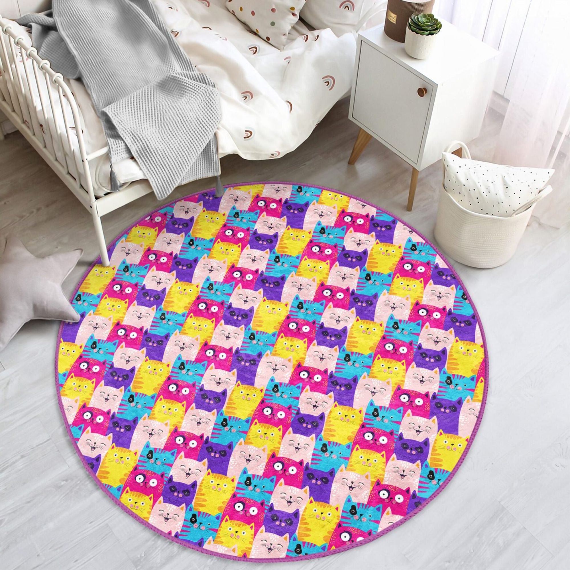 Cute Cats Print Baby Room Rug featuring vibrant cat designs on soft velvet fabric, perfect for children's rooms.