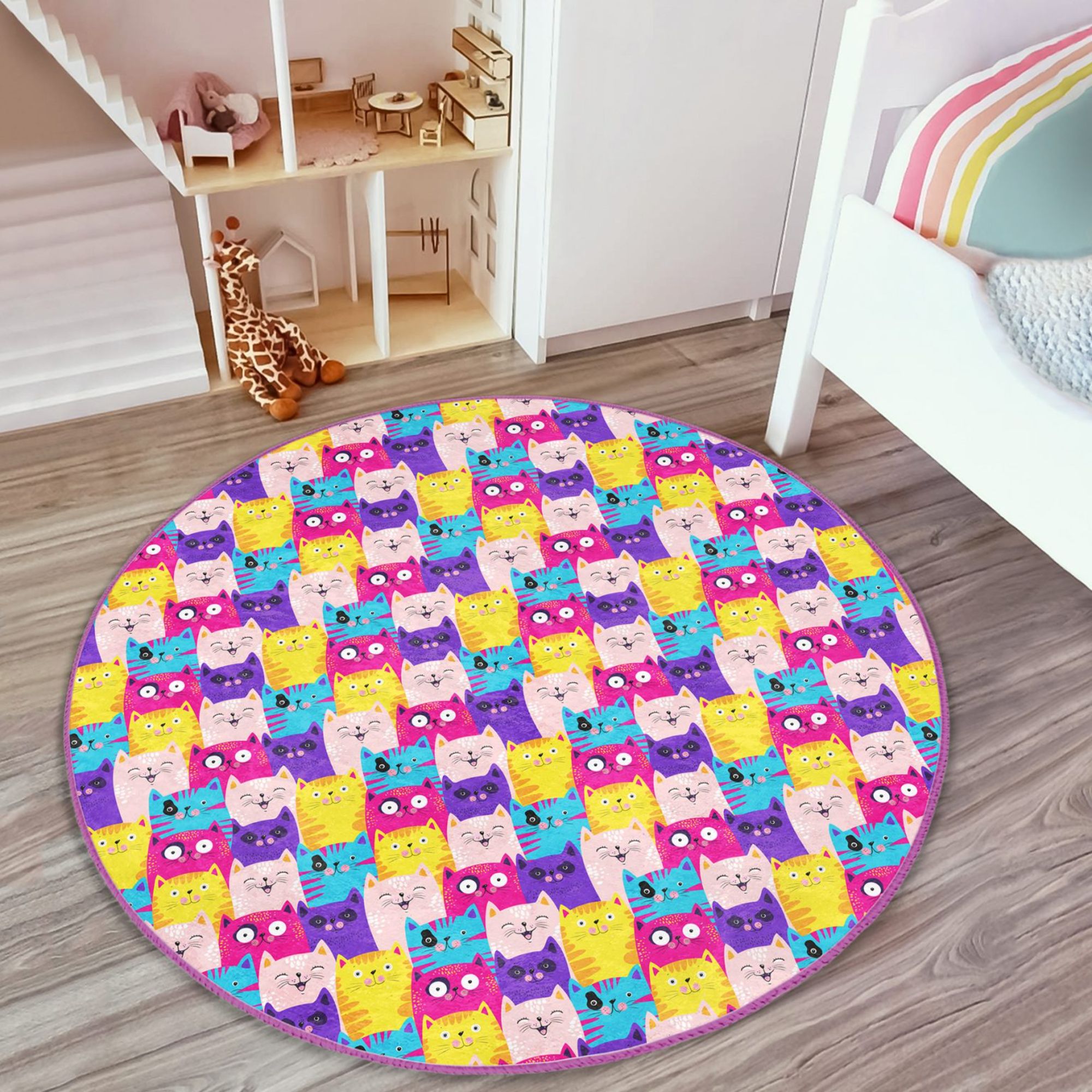 Cute Cats Print Baby Room Rug featuring vibrant cat designs on soft velvet fabric, perfect for children's rooms.