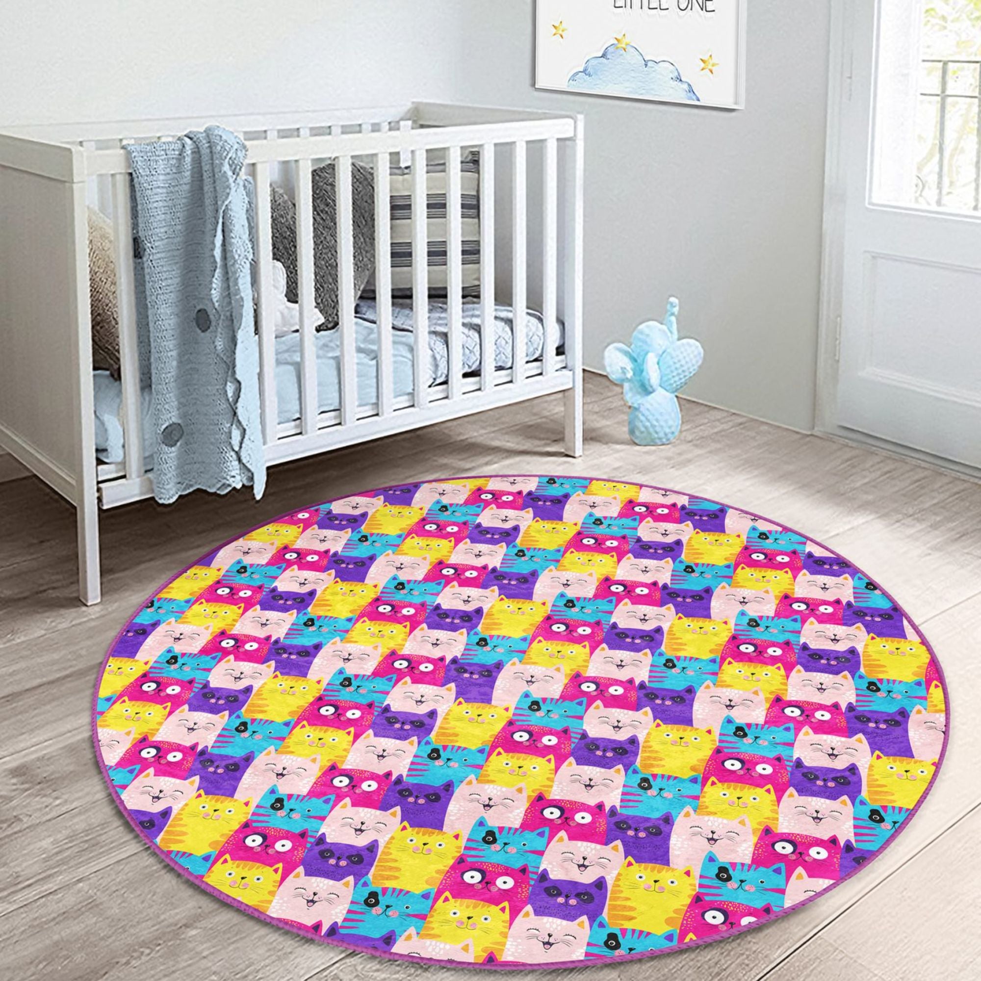 Cute Cats Print Baby Room Rug featuring vibrant cat designs on soft velvet fabric, perfect for children's rooms.