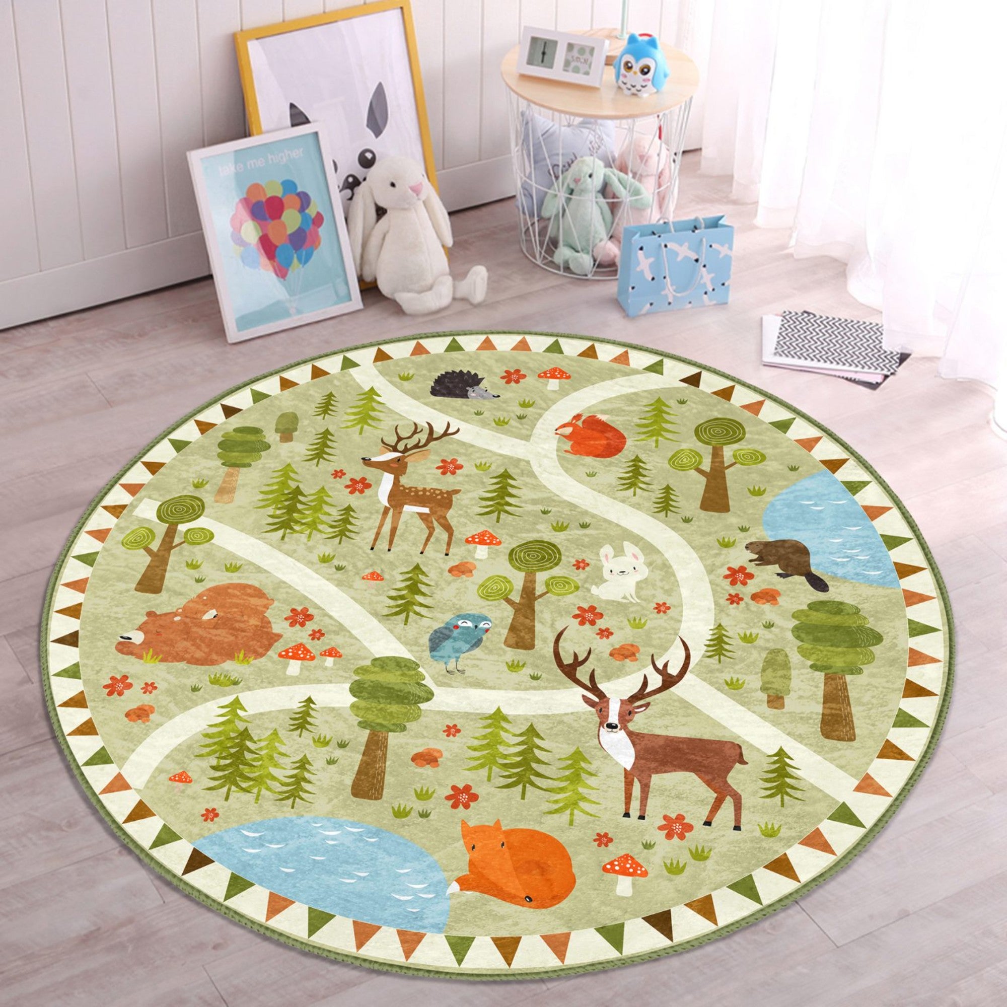 Cute Deer Pattern Kids Room Decorative Washable Round Rug featuring soft velvet fabric and vibrant colors, perfect for children's play areas.