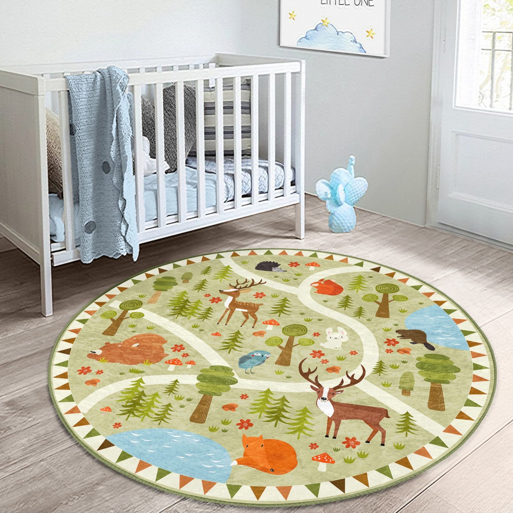 Cute Deer Pattern Kids Room Decorative Washable Round Rug featuring soft velvet fabric and vibrant colors, perfect for children's play areas.