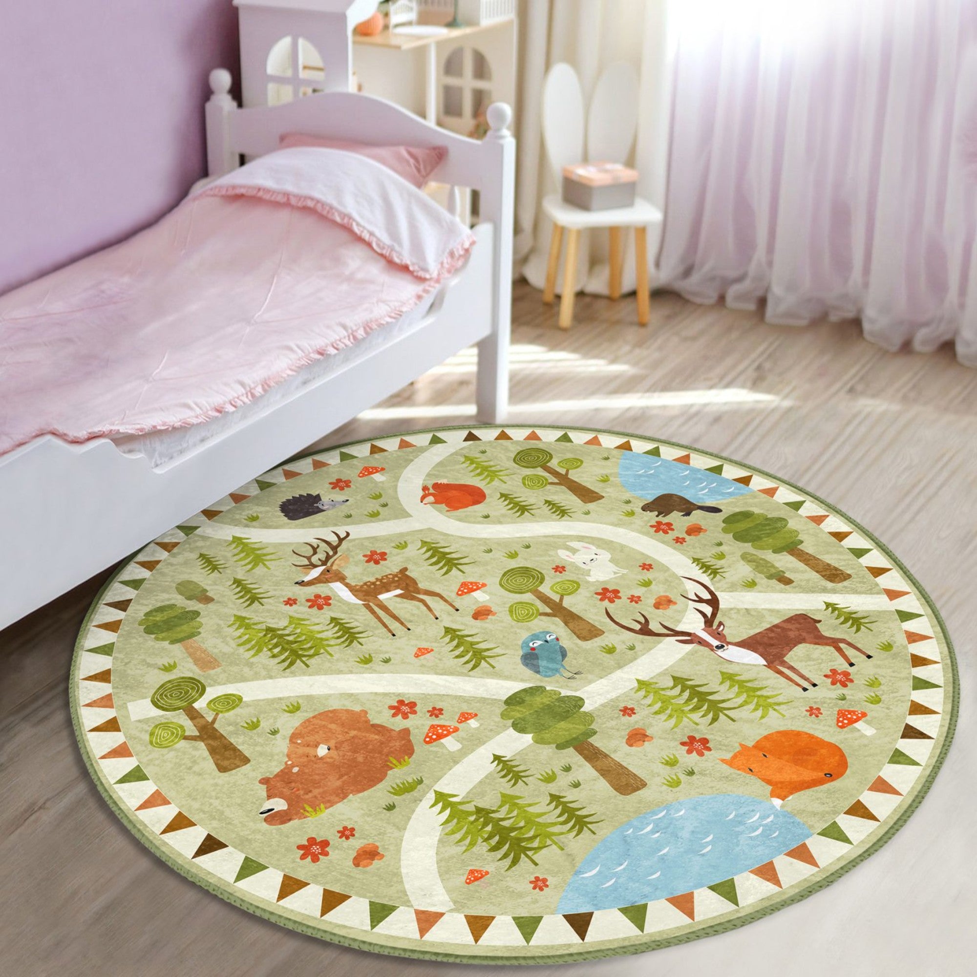 Cute Deer Pattern Kids Room Decorative Washable Round Rug featuring soft velvet fabric and vibrant colors, perfect for children's play areas.