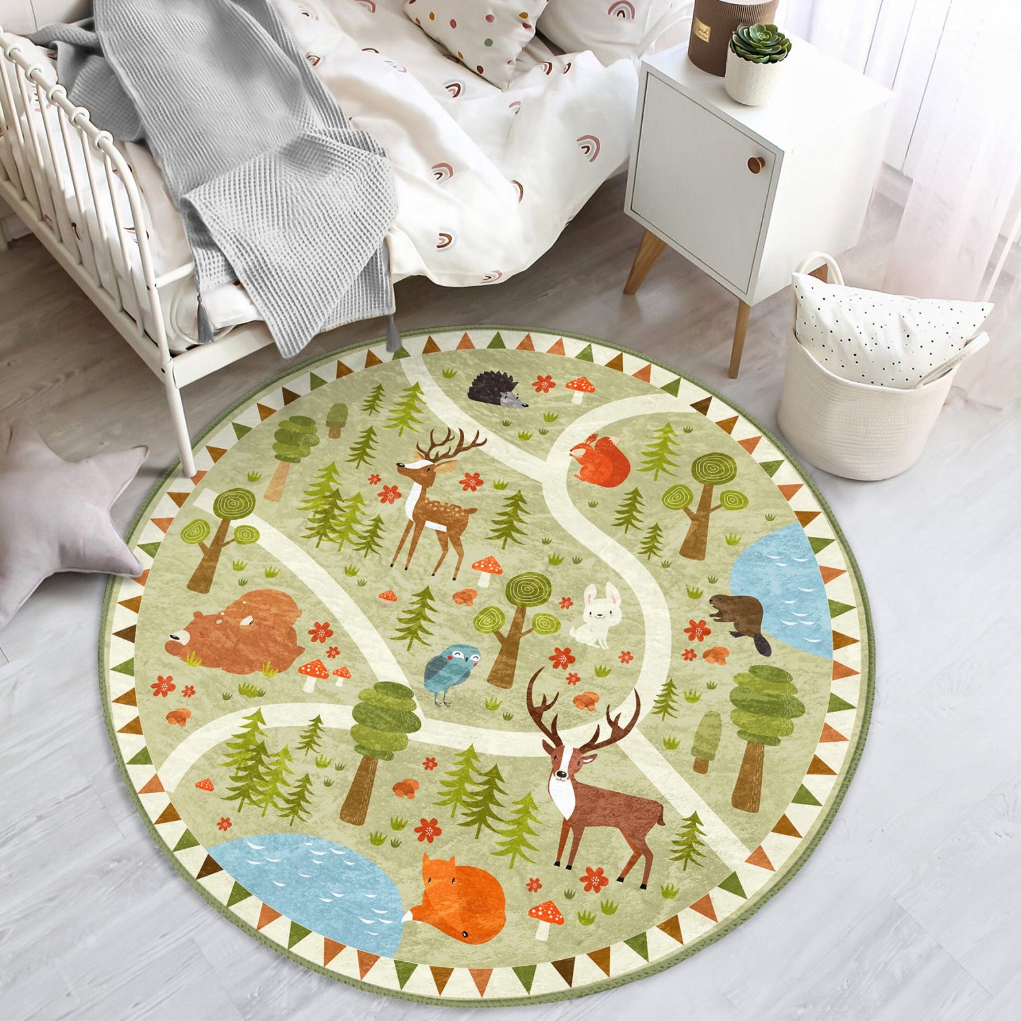 Cute Deer Pattern Kids Room Decorative Washable Round Rug featuring soft velvet fabric and vibrant colors, perfect for children's play areas.