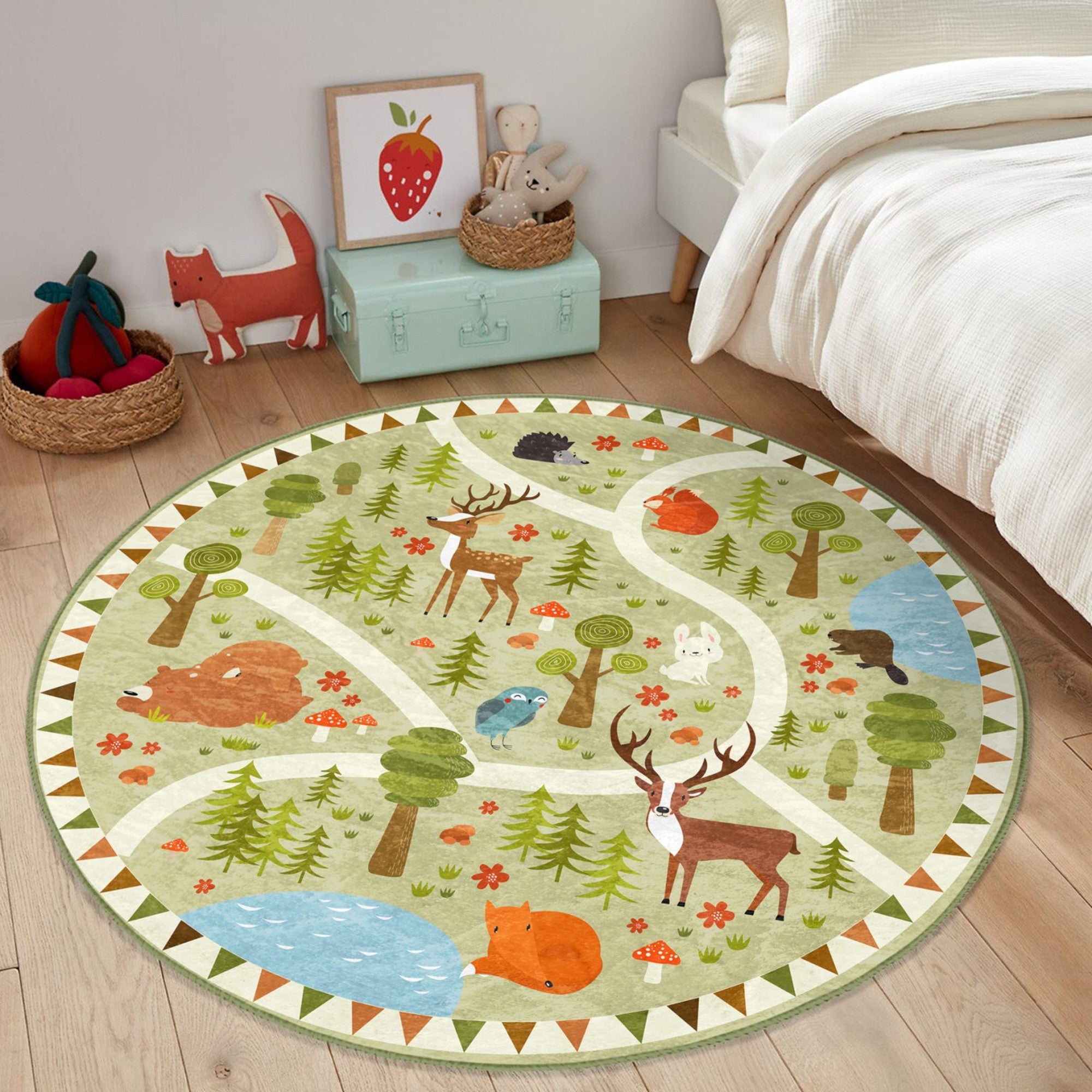 Cute Deer Pattern Kids Room Decorative Washable Round Rug featuring soft velvet fabric and vibrant colors, perfect for children's play areas.