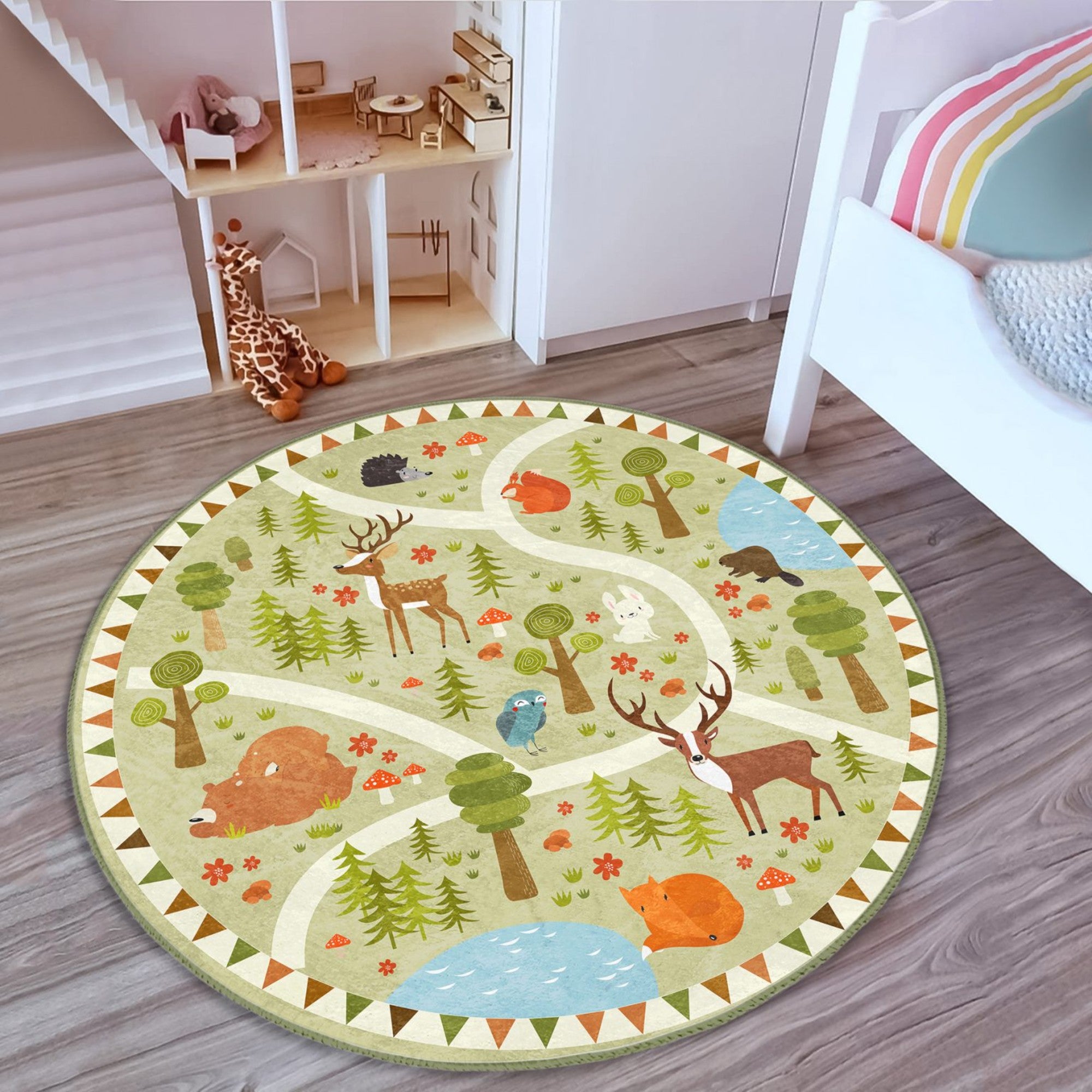 Cute Deer Pattern Kids Room Decorative Washable Round Rug featuring soft velvet fabric and vibrant colors, perfect for children's play areas.