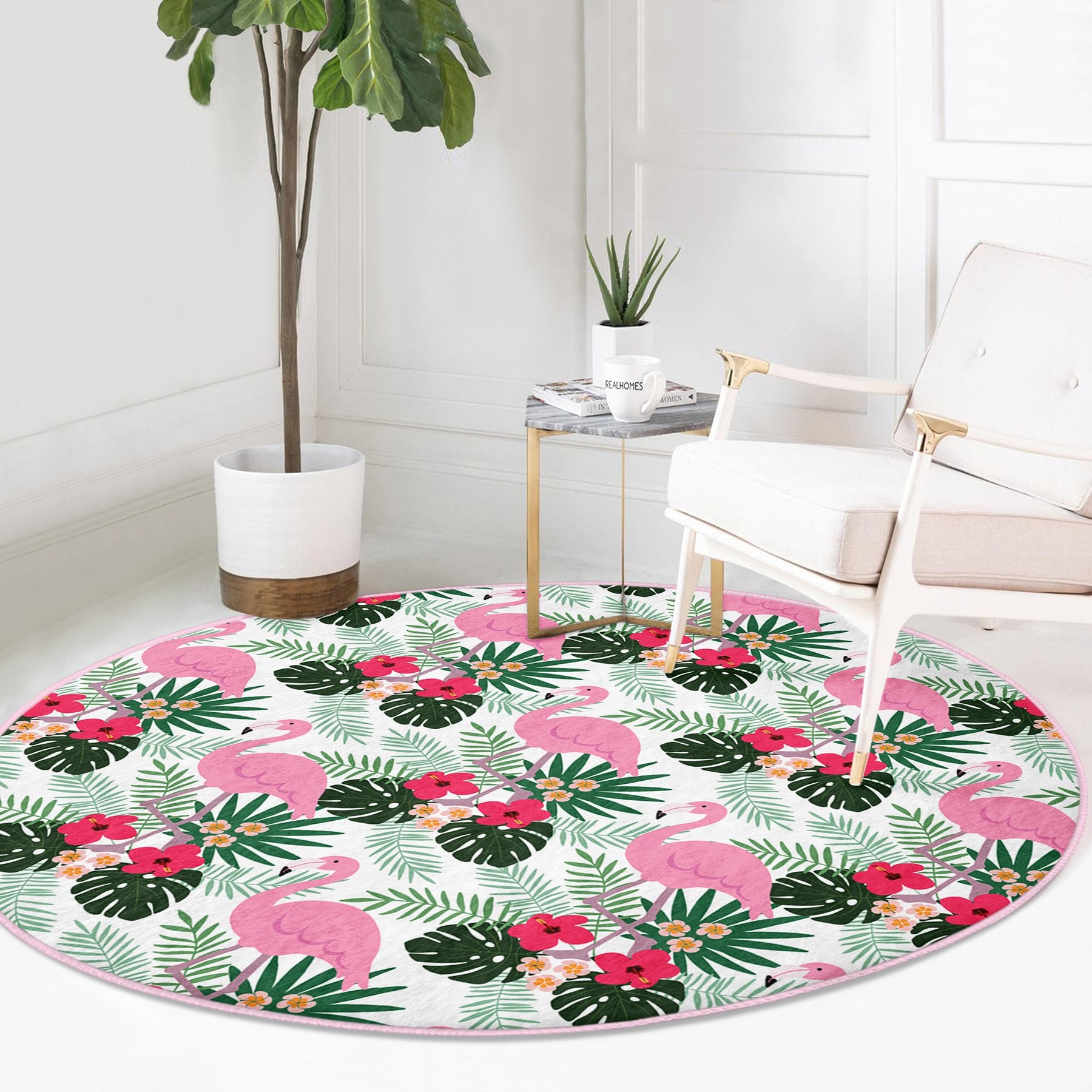 Cute flamingo pattern rug featuring vibrant colors and soft velvet fabric, perfect for home decor.