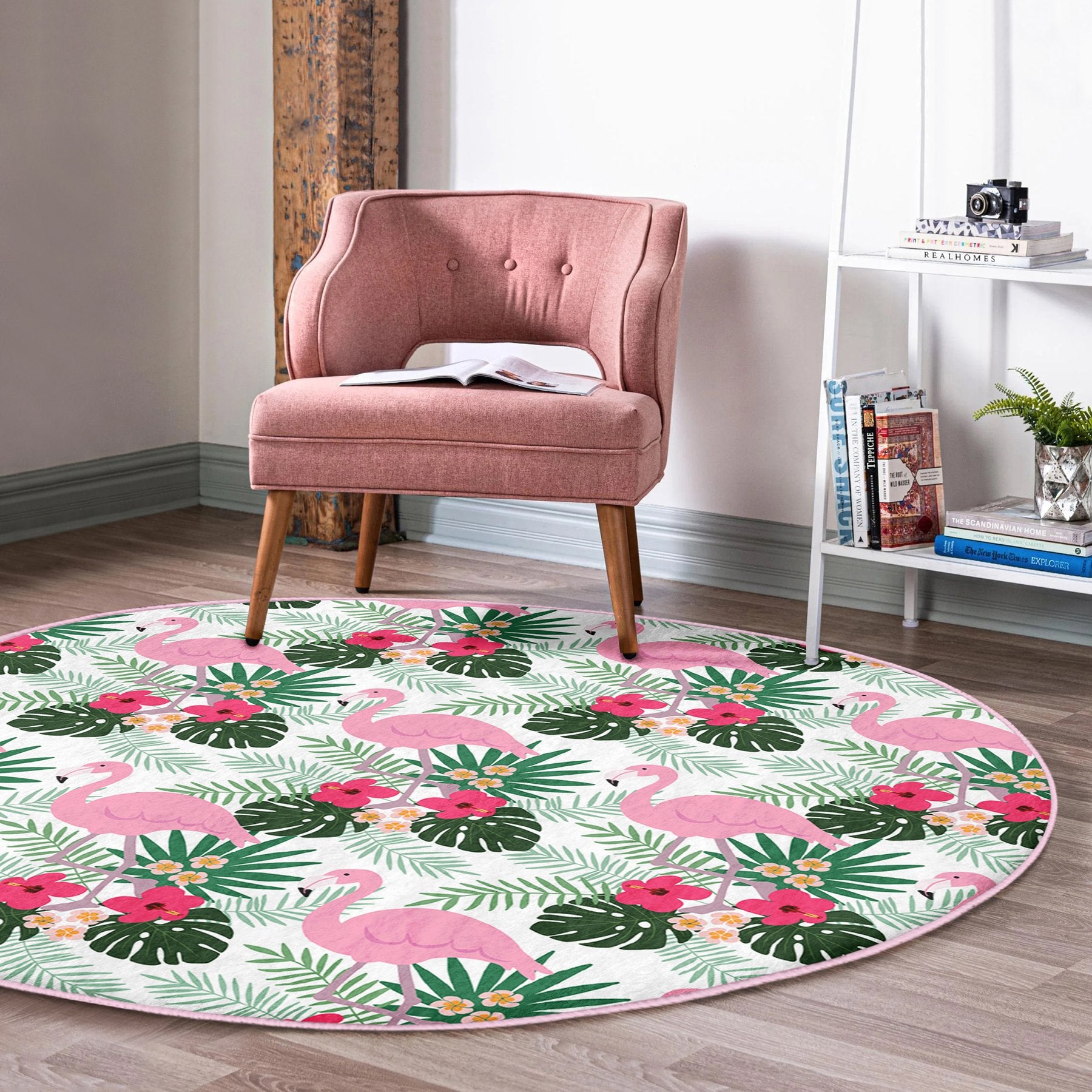 Cute flamingo pattern rug featuring vibrant colors and soft velvet fabric, perfect for home decor.