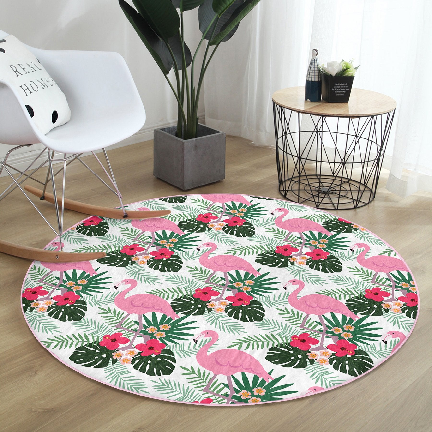 Cute flamingo pattern rug featuring vibrant colors and soft velvet fabric, perfect for home decor.