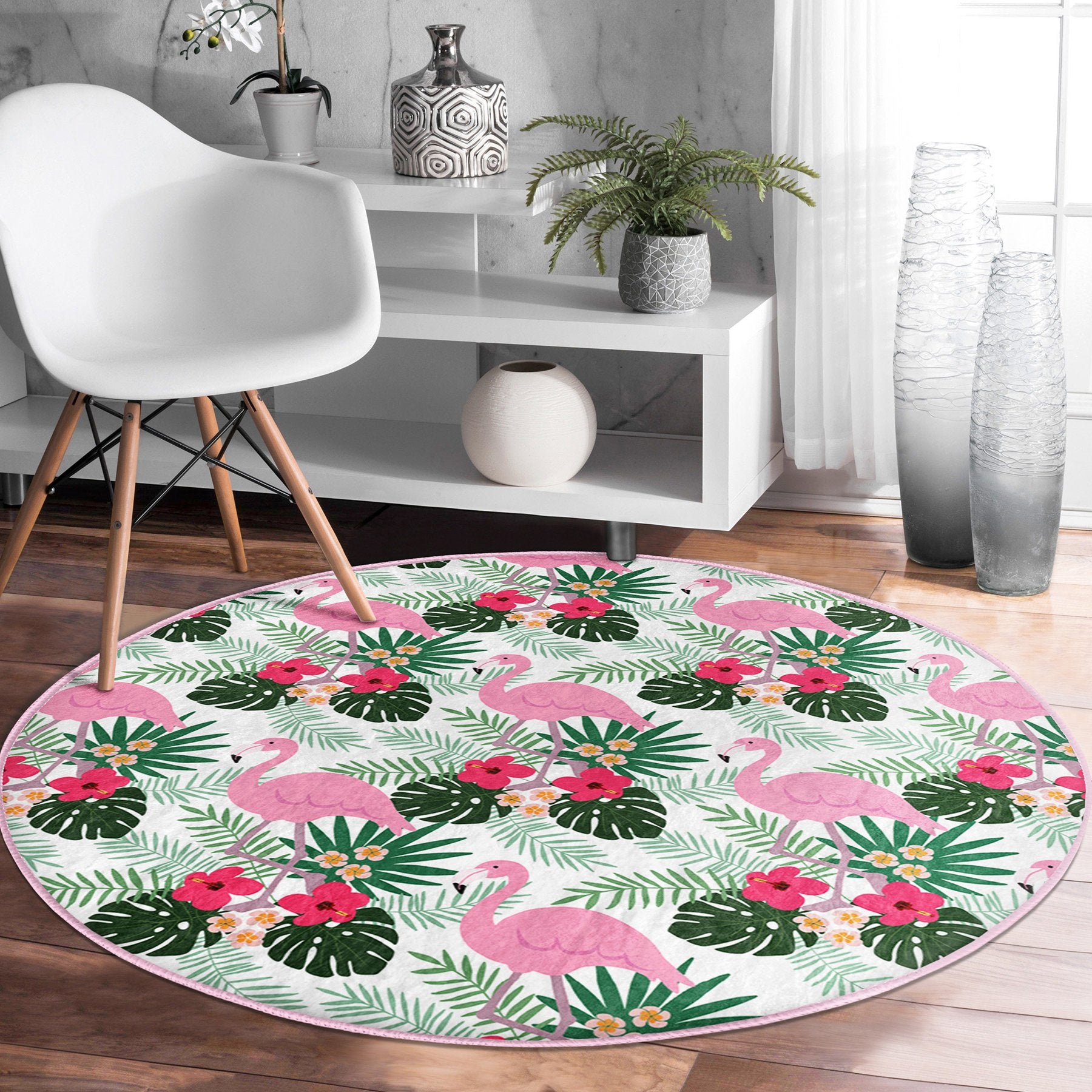 Cute flamingo pattern rug featuring vibrant colors and soft velvet fabric, perfect for home decor.