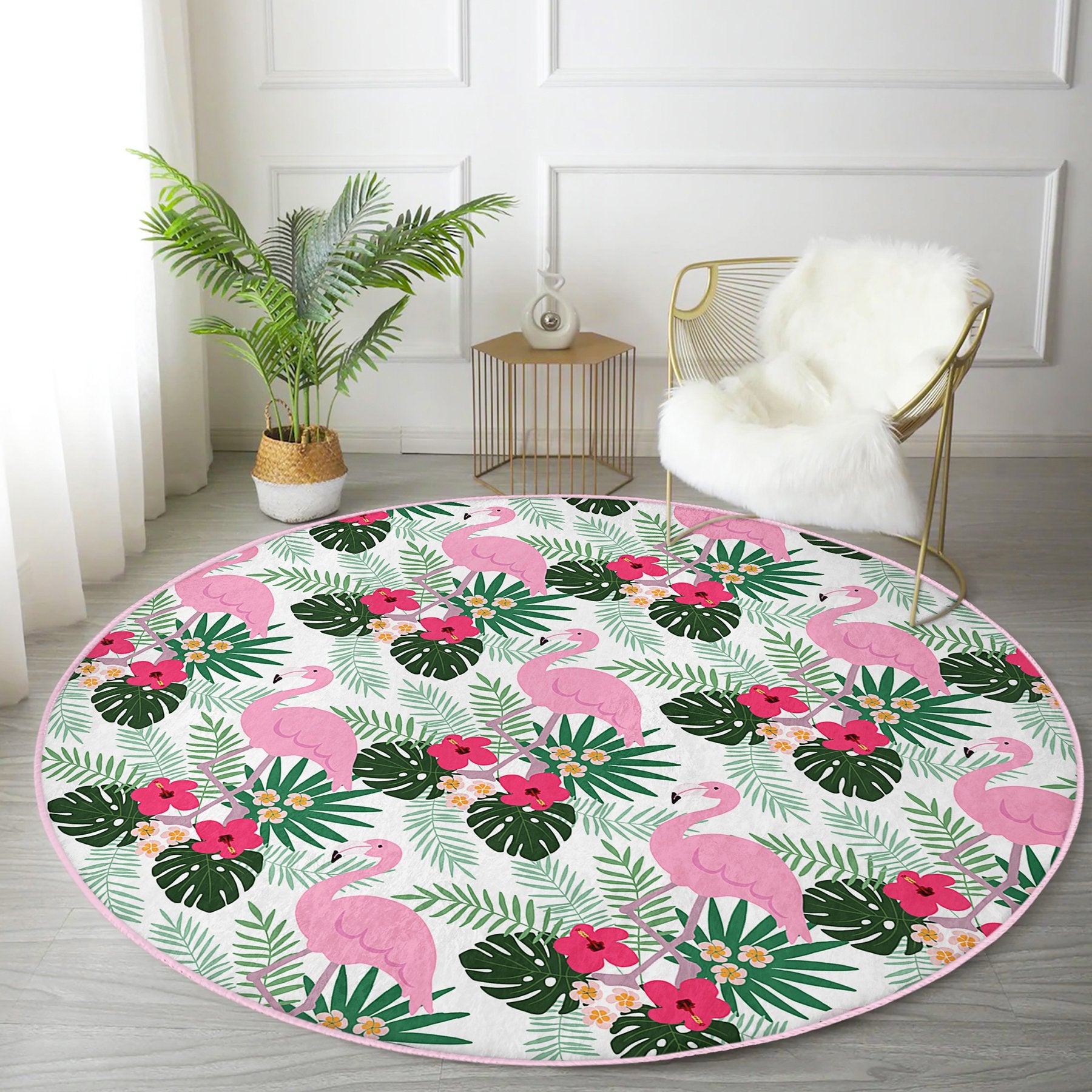 Cute flamingo pattern rug featuring vibrant colors and soft velvet fabric, perfect for home decor.