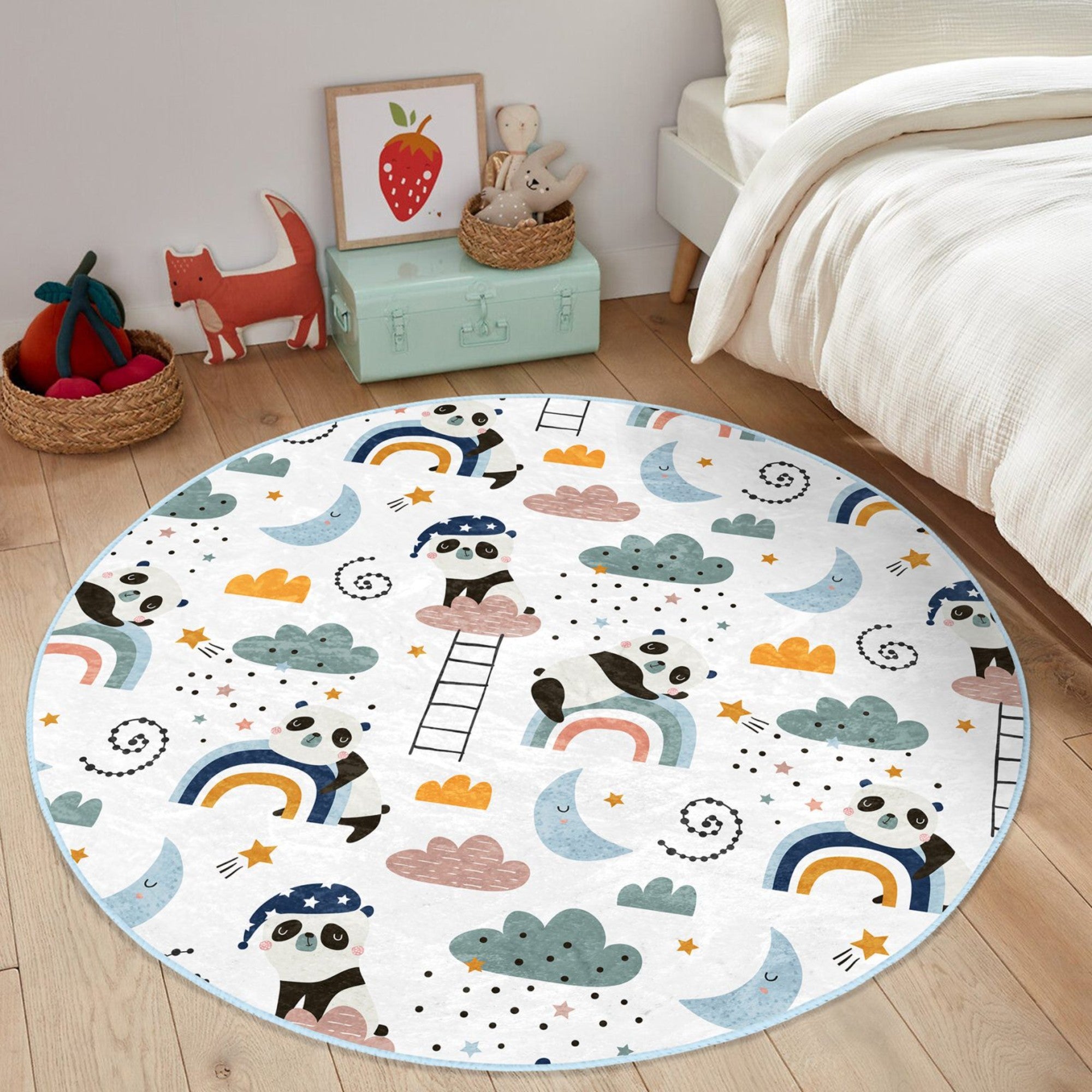 Cute round rug featuring a playful panda pattern, perfect for kids' rooms, showcasing vibrant colors and soft texture.