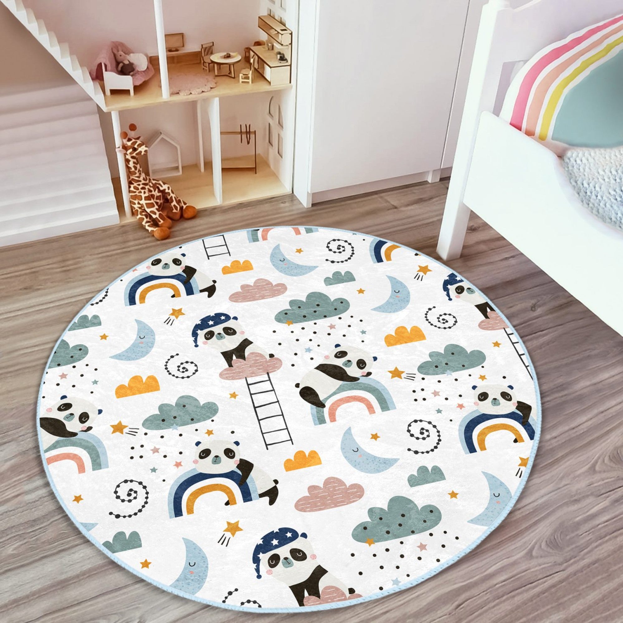 Cute round rug featuring a playful panda pattern, perfect for kids' rooms, showcasing vibrant colors and soft texture.