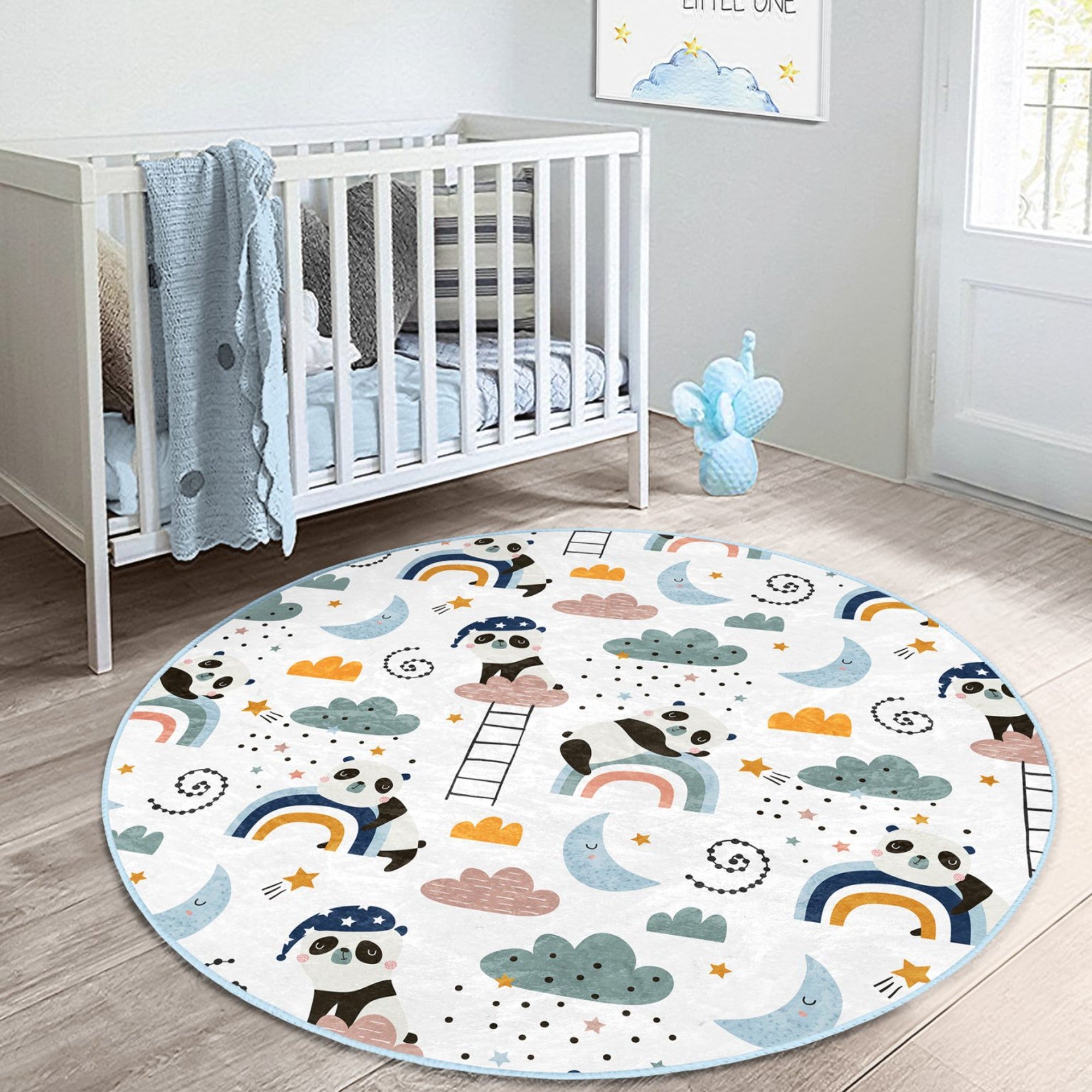 Cute round rug featuring a playful panda pattern, perfect for kids' rooms, showcasing vibrant colors and soft texture.