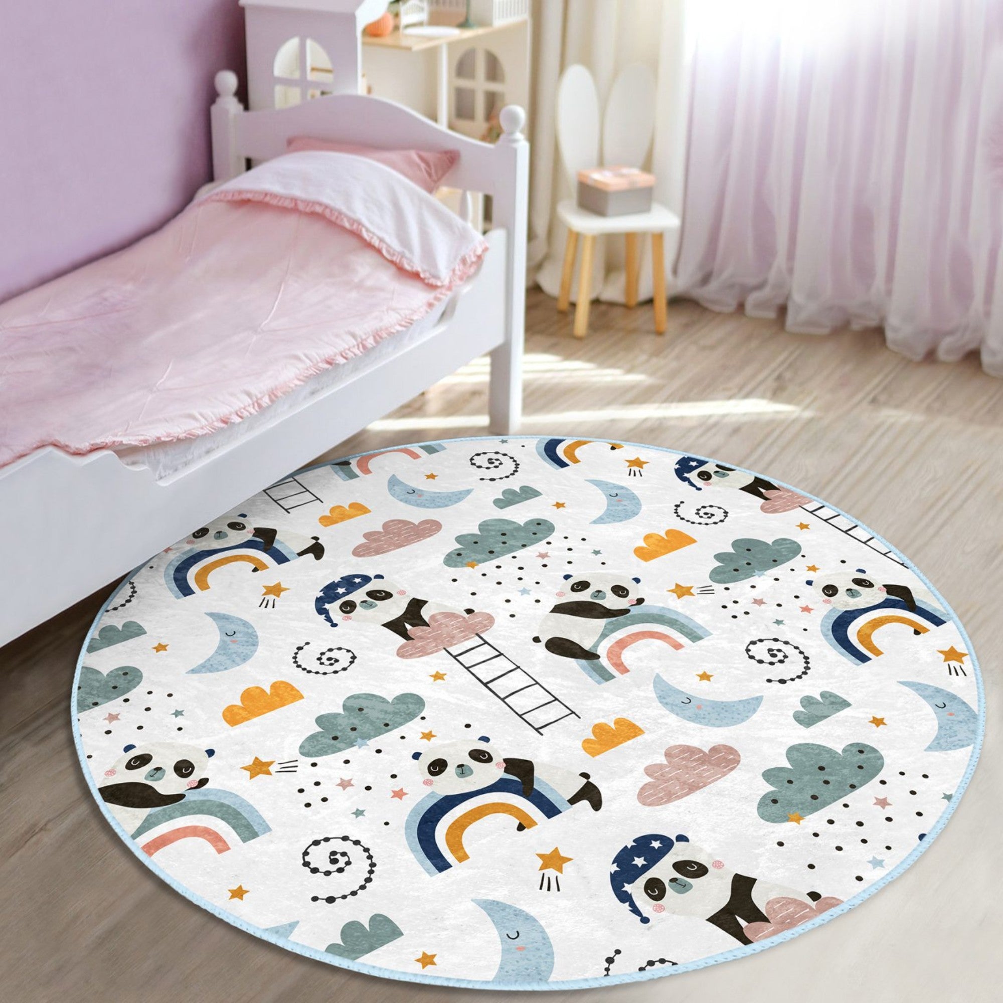 Cute round rug featuring a playful panda pattern, perfect for kids' rooms, showcasing vibrant colors and soft texture.