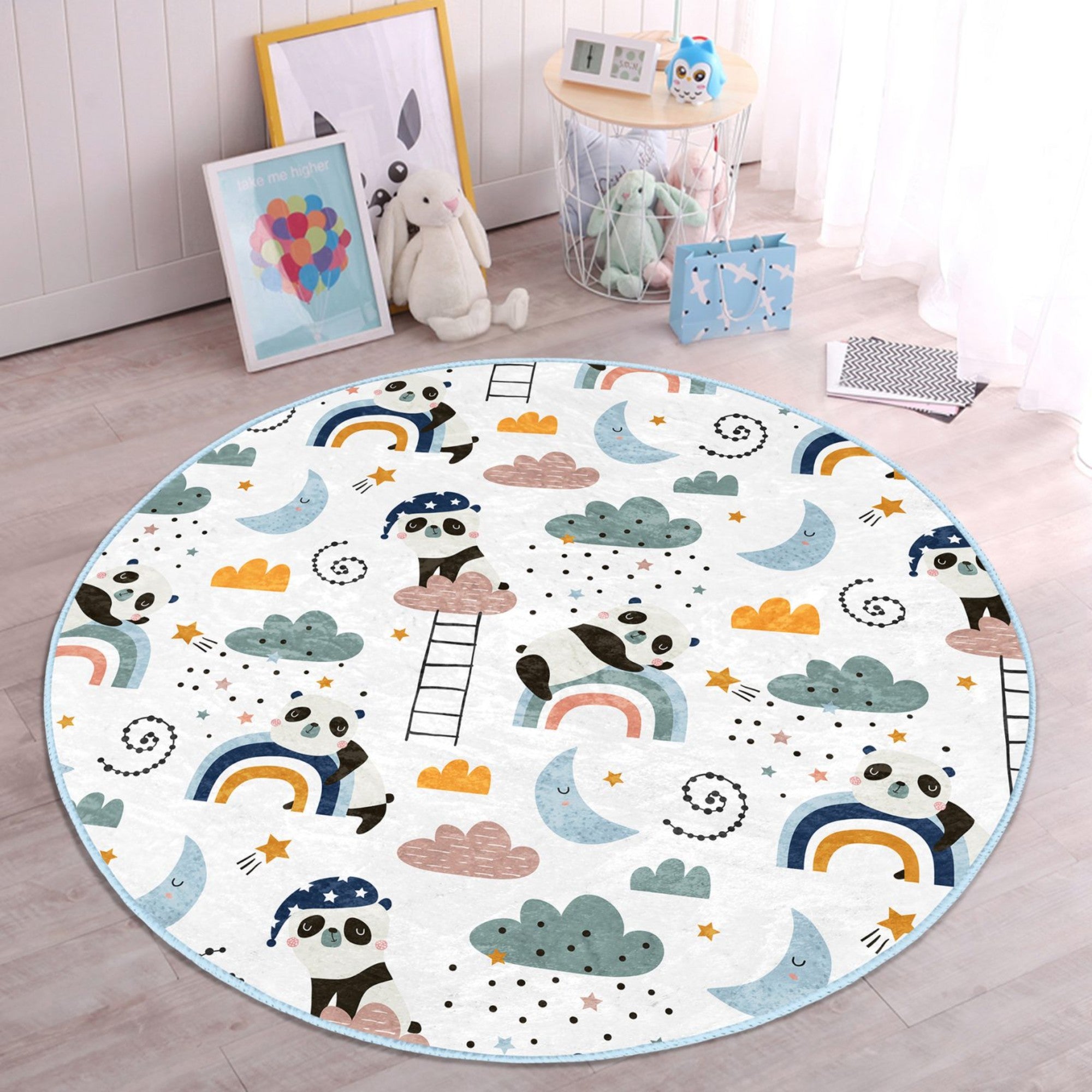 Cute round rug featuring a playful panda pattern, perfect for kids' rooms, showcasing vibrant colors and soft texture.