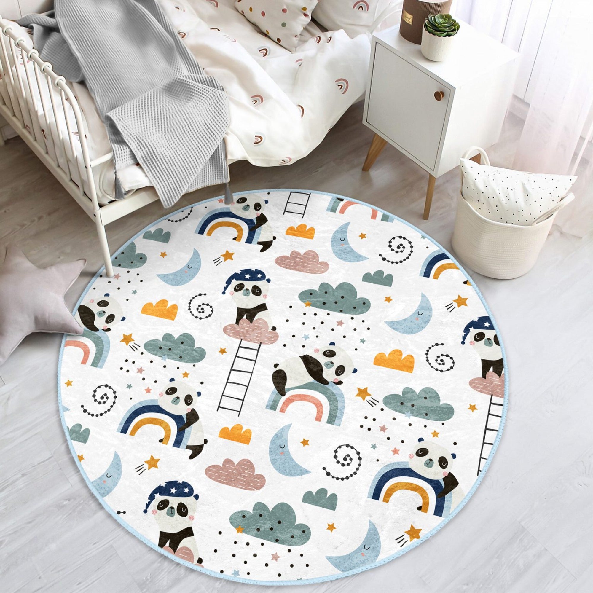 Cute round rug featuring a playful panda pattern, perfect for kids' rooms, showcasing vibrant colors and soft texture.