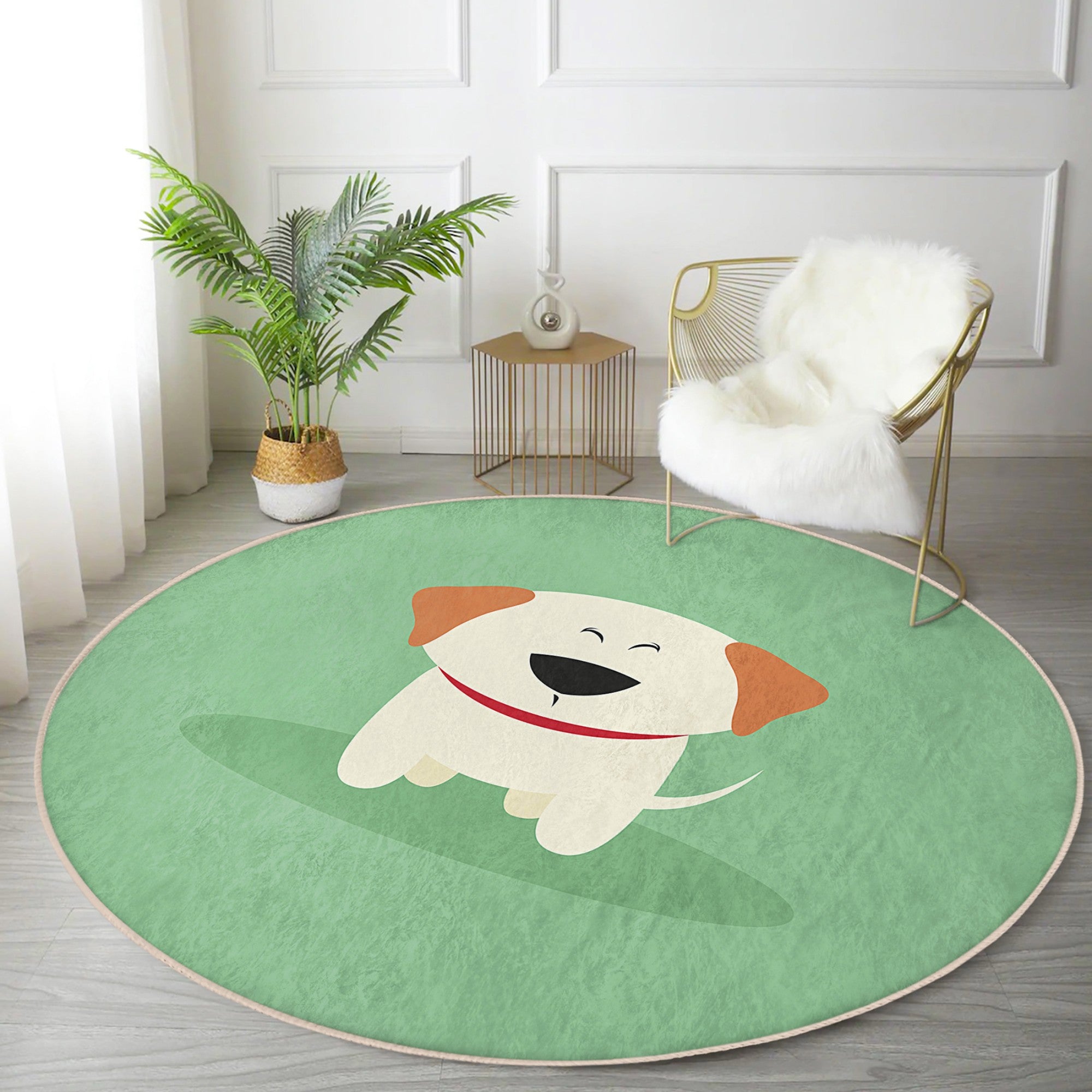 Cute Puppy Printed Green Round Rug featuring a playful puppy design, made of soft velvet fabric, perfect for children's rooms.