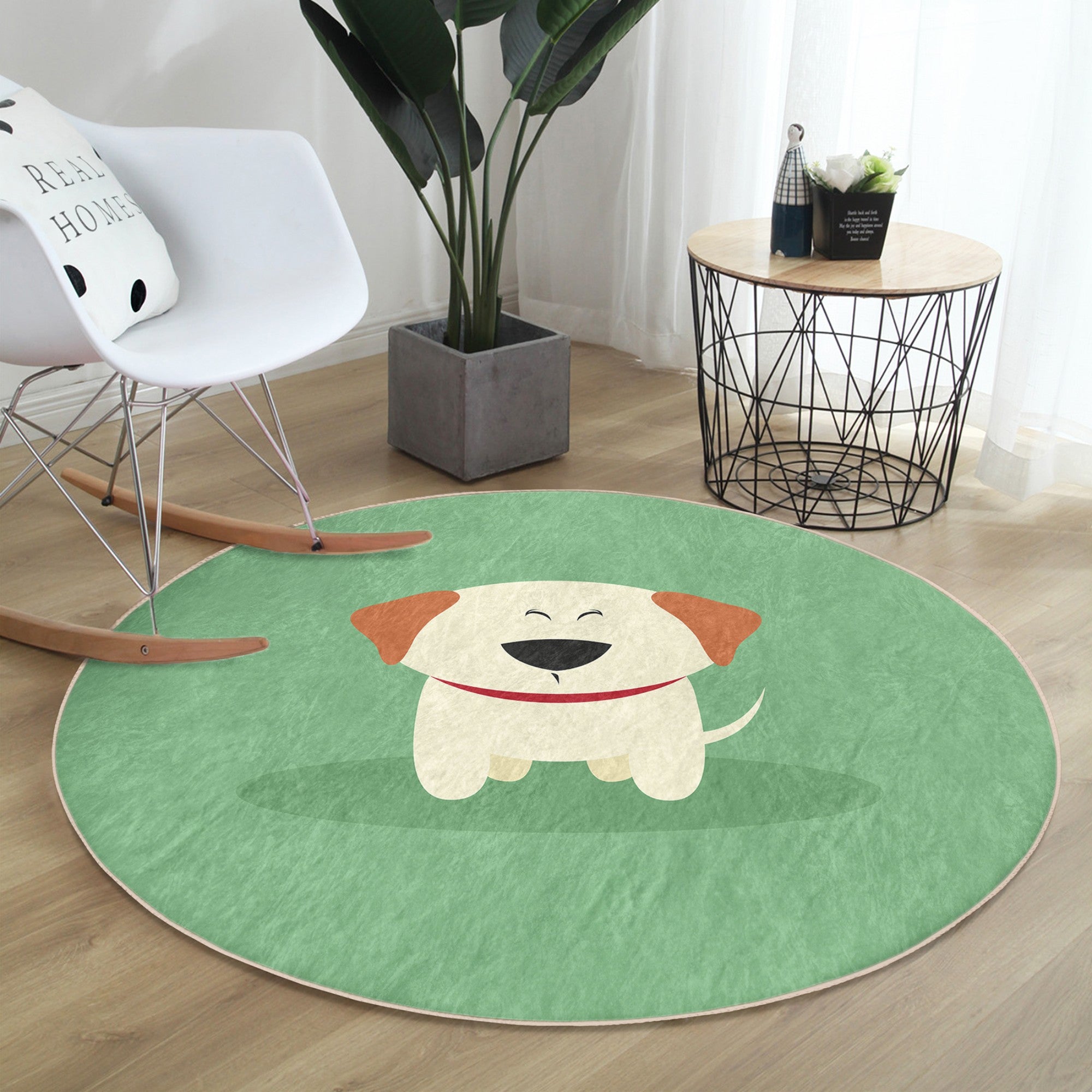 Cute Puppy Printed Green Round Rug featuring a playful puppy design, made of soft velvet fabric, perfect for children's rooms.