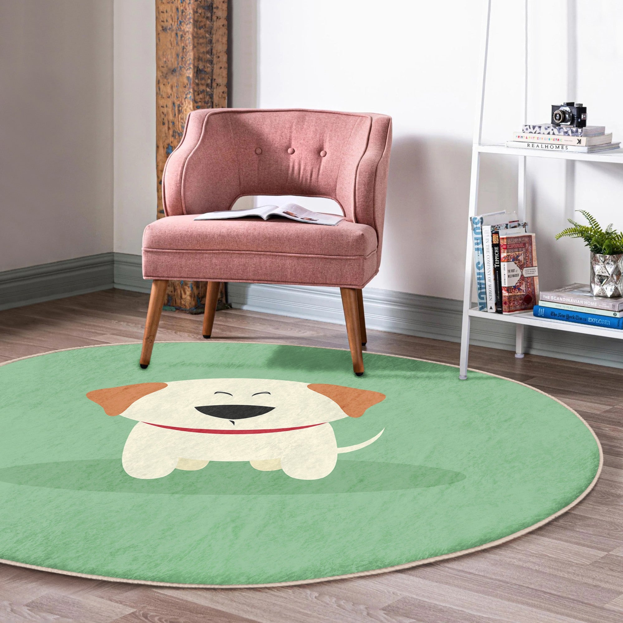 Cute Puppy Printed Green Round Rug featuring a playful puppy design, made of soft velvet fabric, perfect for children's rooms.