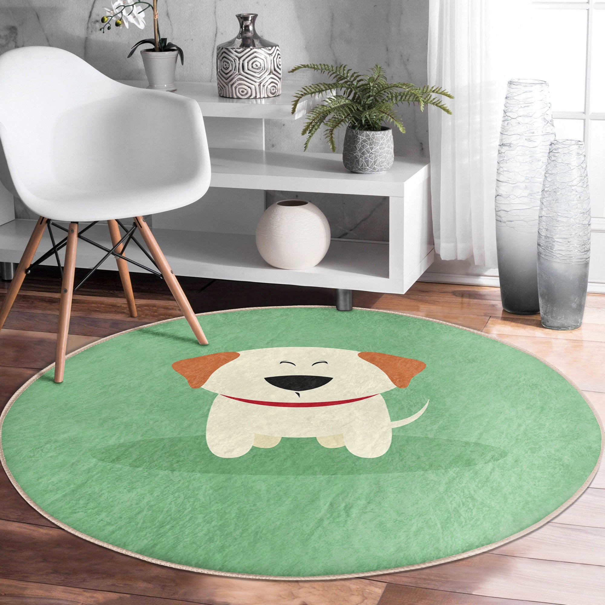 Cute Puppy Printed Green Round Rug featuring a playful puppy design, made of soft velvet fabric, perfect for children's rooms.