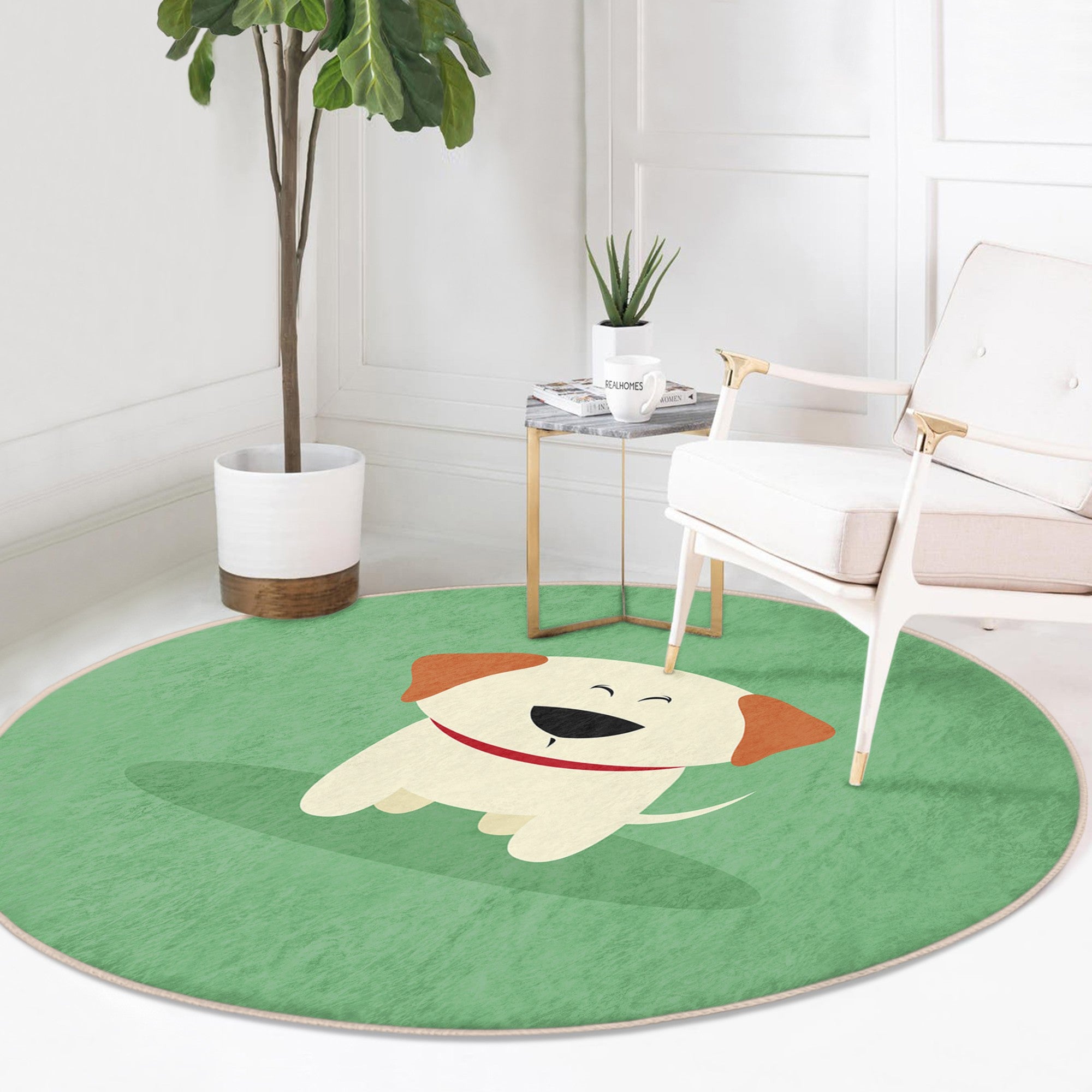 Cute Puppy Printed Green Round Rug featuring a playful puppy design, made of soft velvet fabric, perfect for children's rooms.