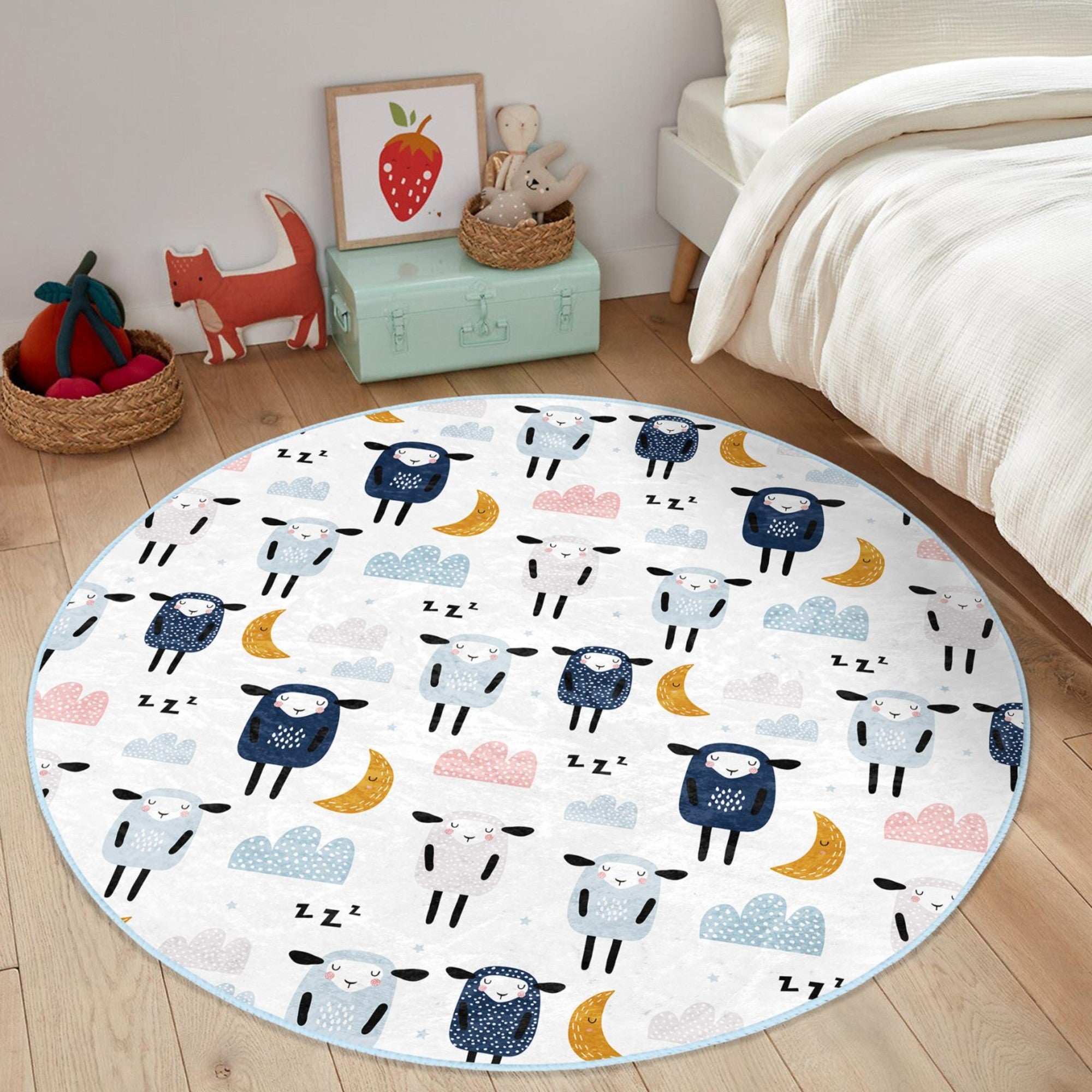 Cute Sheep Pattern Kids Room Washable Round Rug featuring a playful sheep design, soft texture, and round shape, perfect for children's play areas.