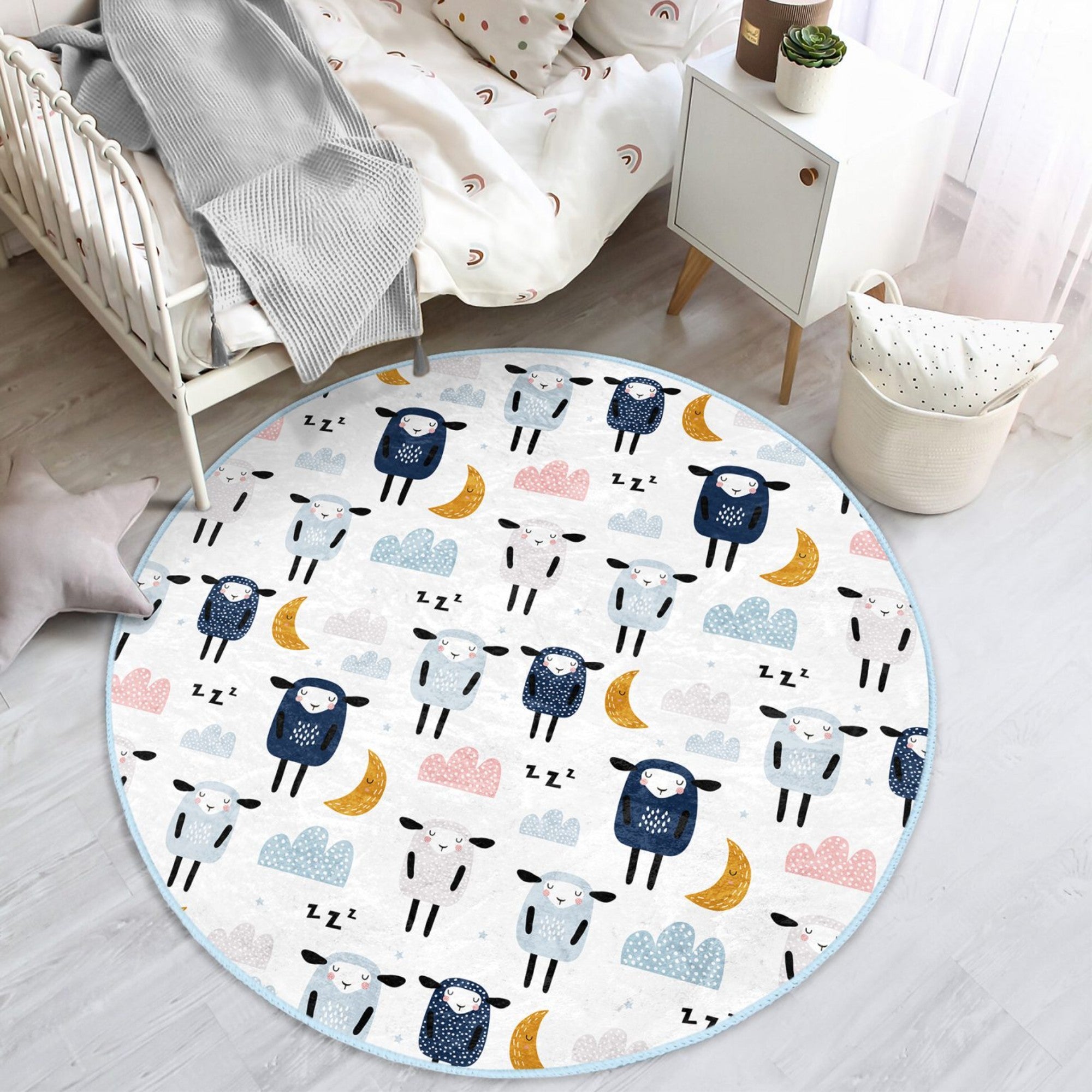 Cute Sheep Pattern Kids Room Washable Round Rug featuring a playful sheep design, soft texture, and round shape, perfect for children's play areas.