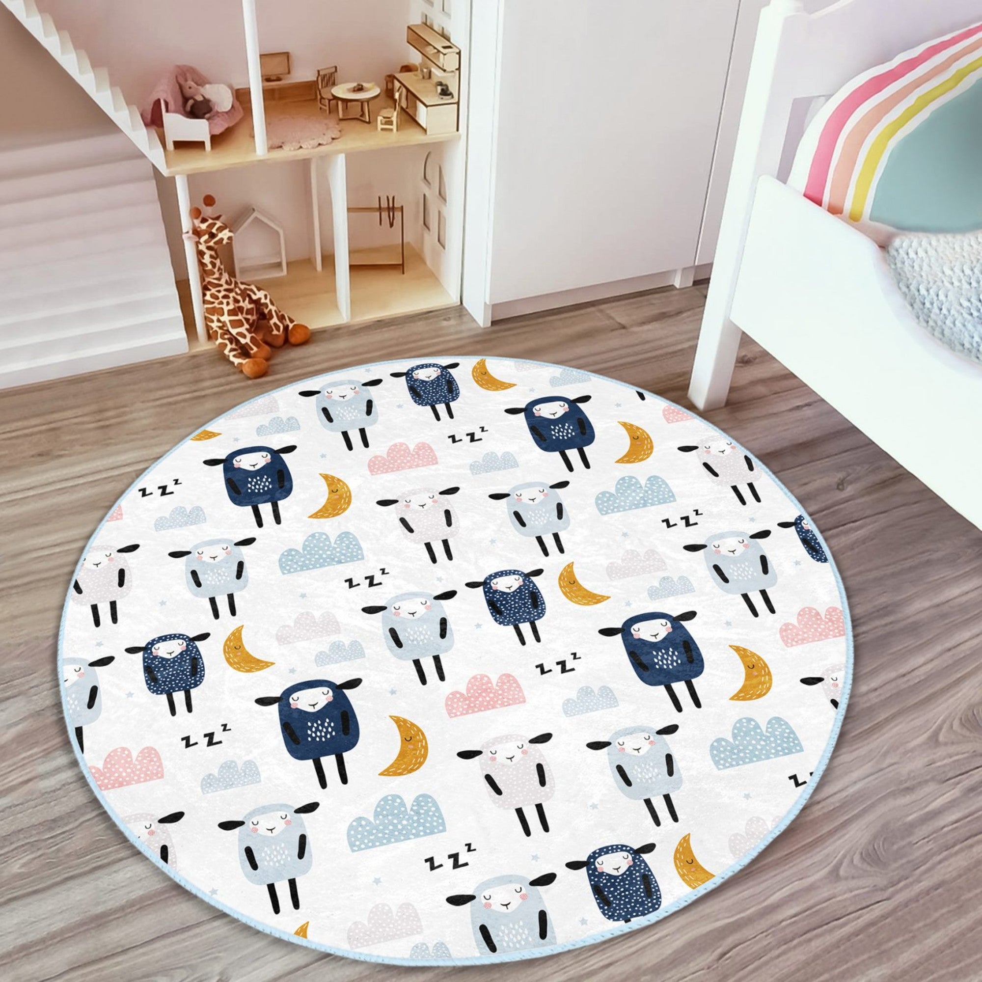 Cute Sheep Pattern Kids Room Washable Round Rug featuring a playful sheep design, soft texture, and round shape, perfect for children's play areas.