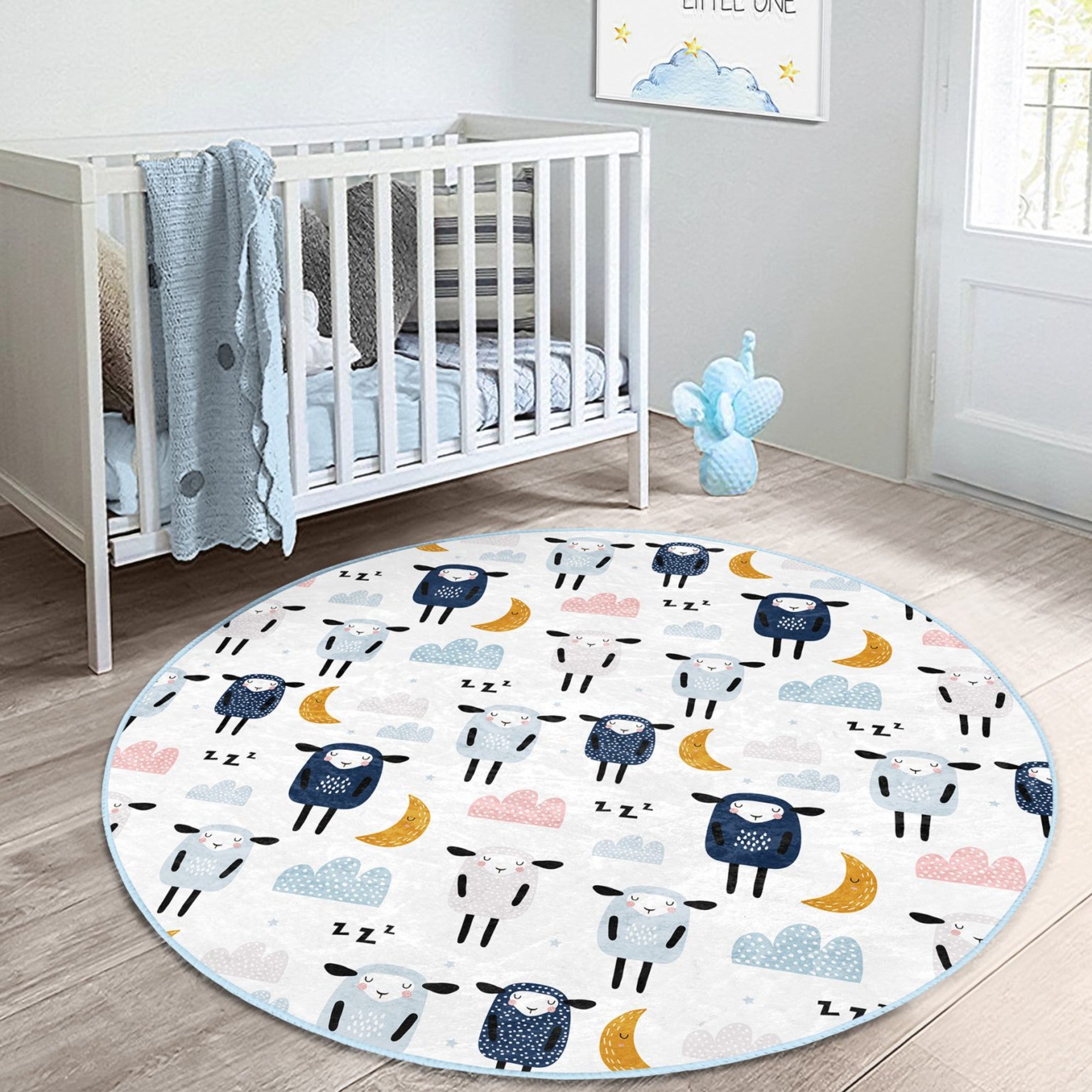 Cute Sheep Pattern Kids Room Washable Round Rug featuring a playful sheep design, soft texture, and round shape, perfect for children's play areas.