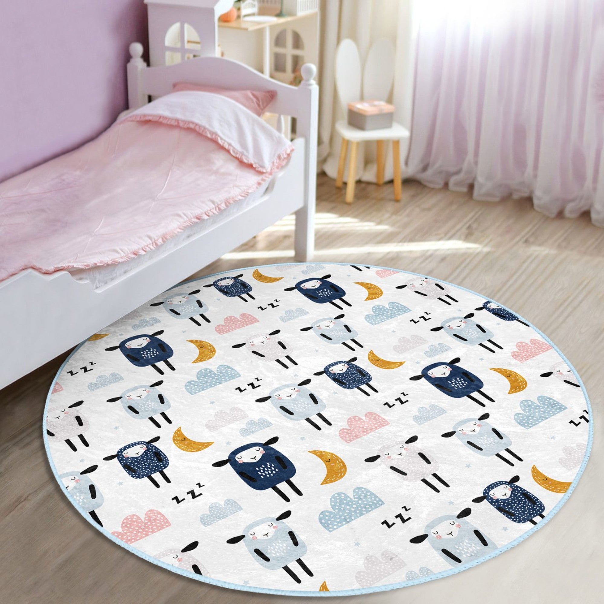 Cute Sheep Pattern Kids Room Washable Round Rug featuring a playful sheep design, soft texture, and round shape, perfect for children's play areas.