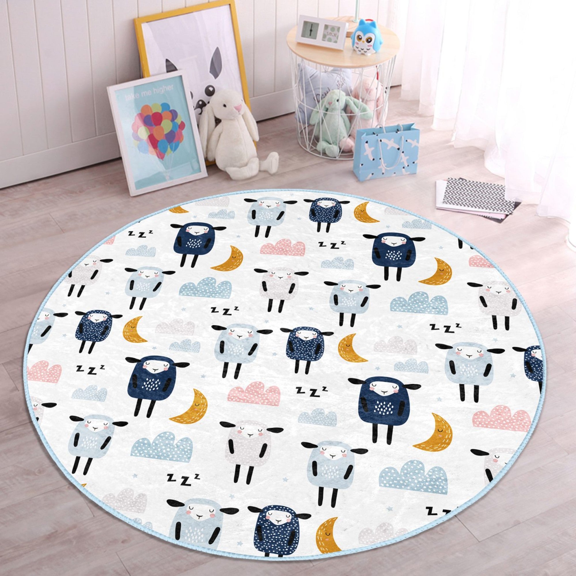 Cute Sheep Pattern Kids Room Washable Round Rug featuring a playful sheep design, soft texture, and round shape, perfect for children's play areas.