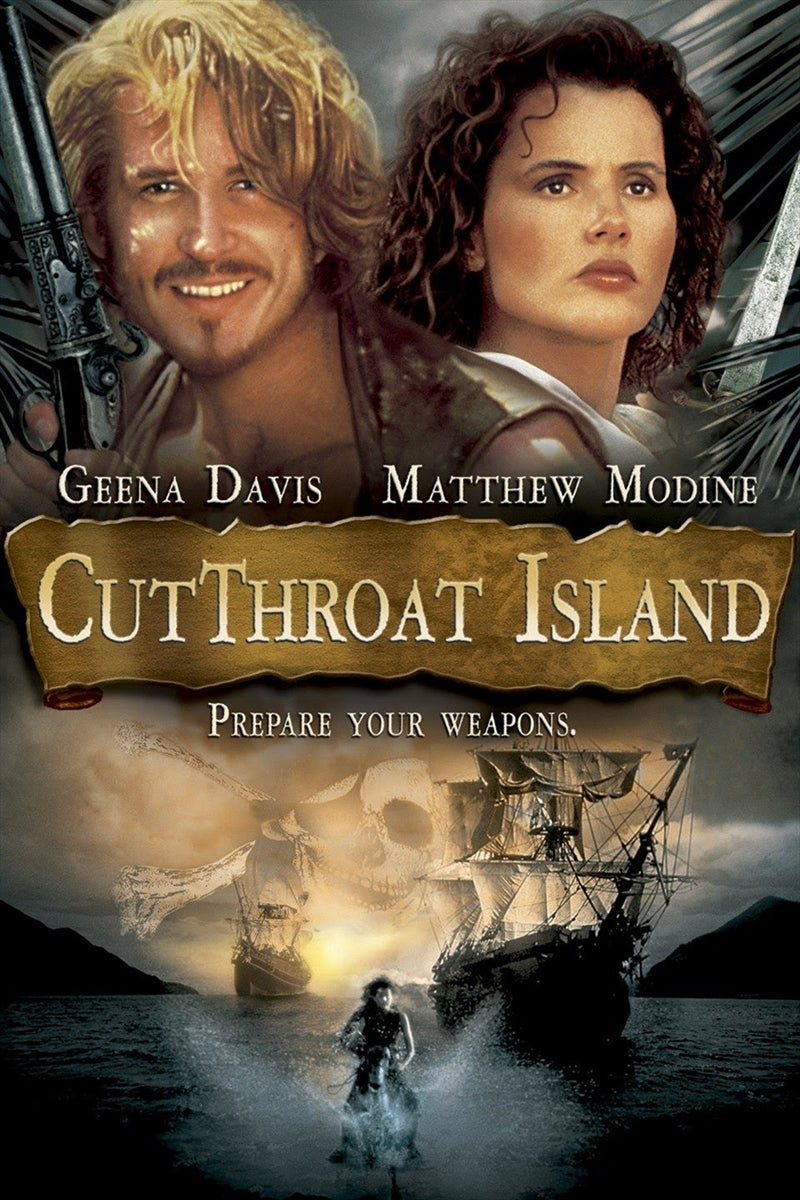 Cutthroat Island Blu-ray cover featuring Geena Davis as a pirate with a treasure map.